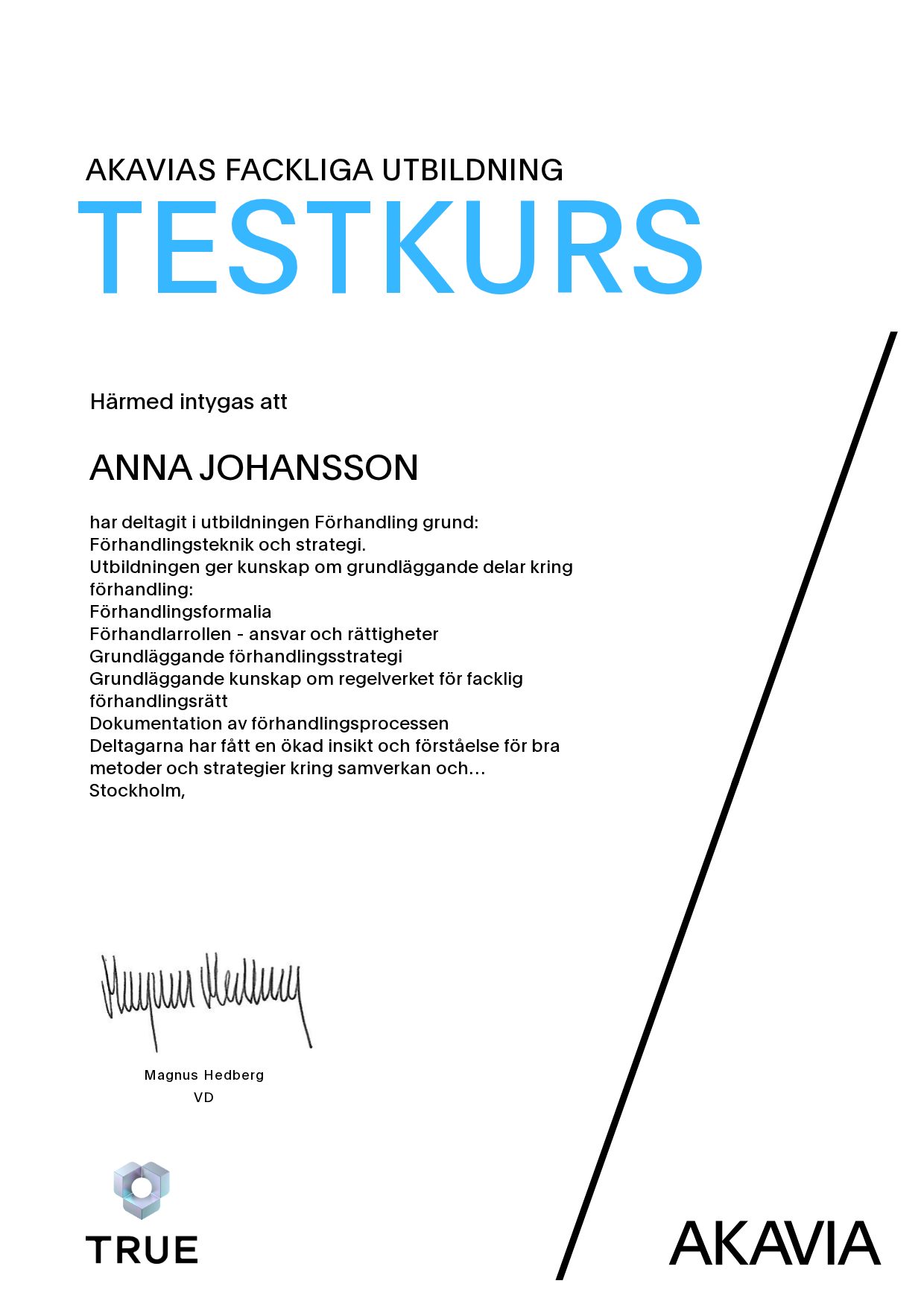 Example certificate for Basic Negotiation: Negotiation Technique and Strategy from AKAVIA