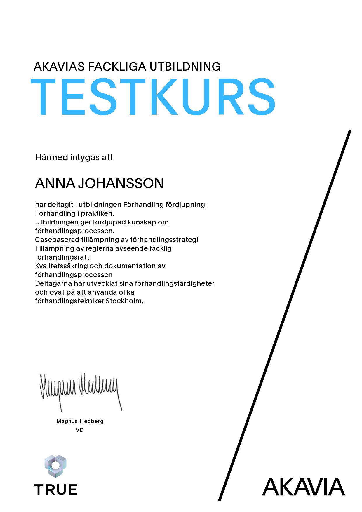 Example certificate for Advanced Negotiation: Negotiation in Practice from AKAVIA
