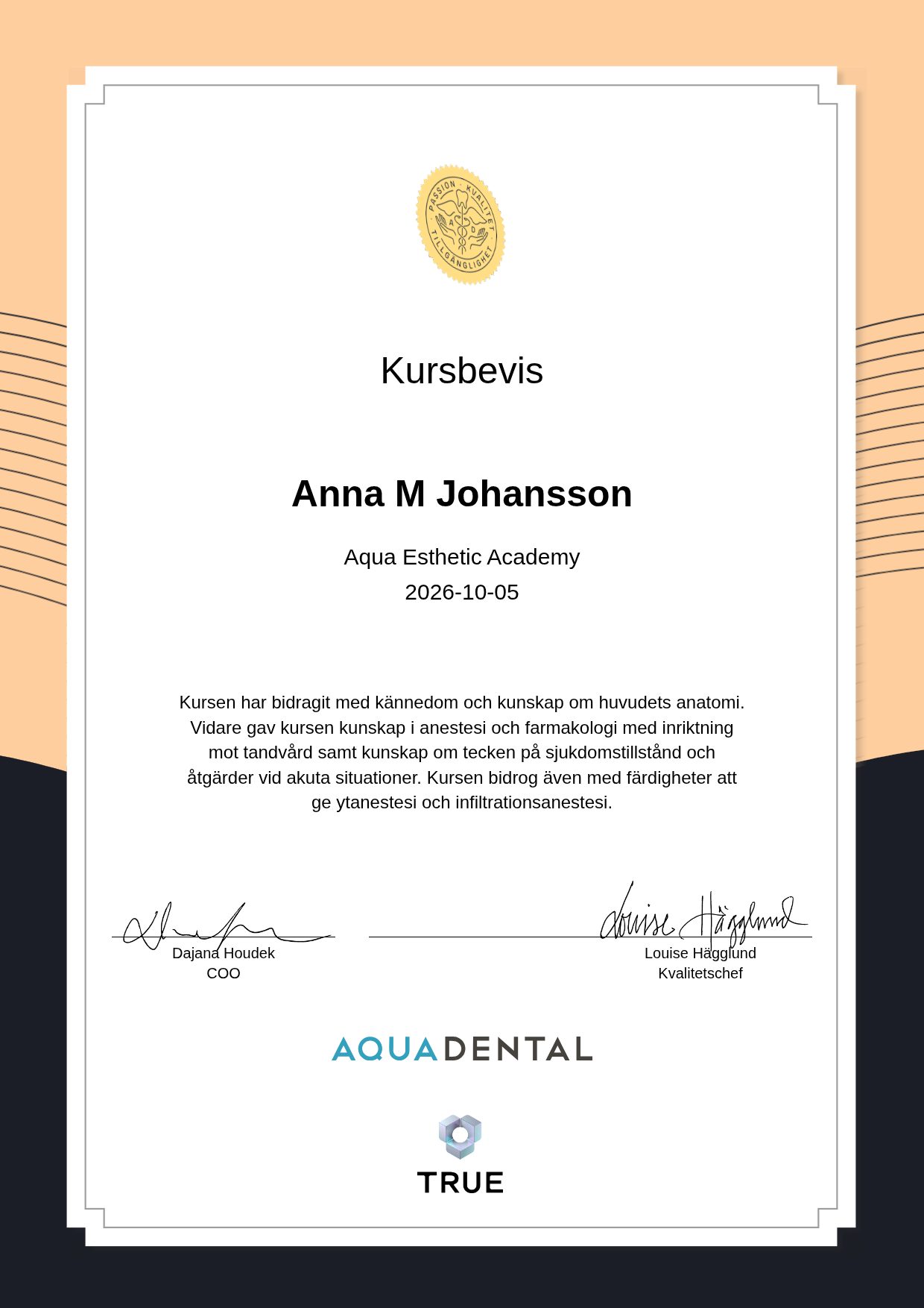 Exempel: diplom för Aqua Esthetic Academy från Aqua Dental