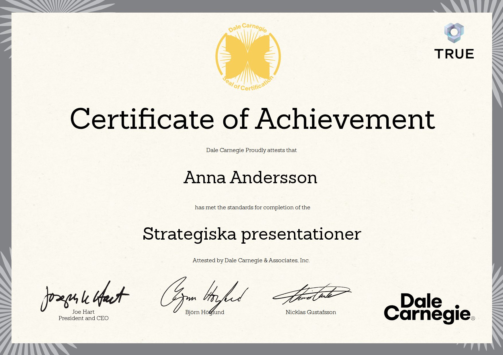 Exempel: diplom för Strategiska presentationer från Dale Carnegie