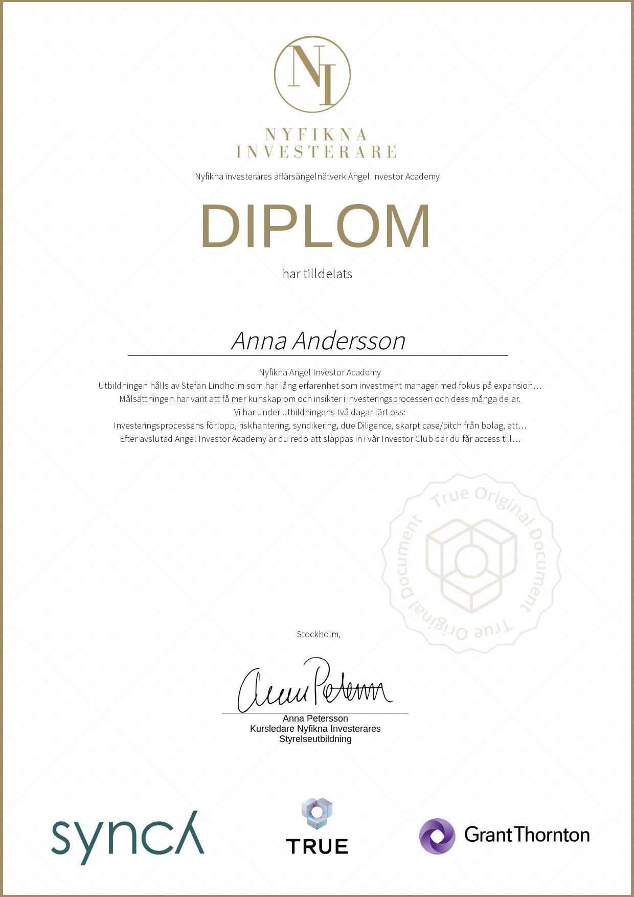 Example certificate for Angel Investor Academy from Nyfikna Investerare