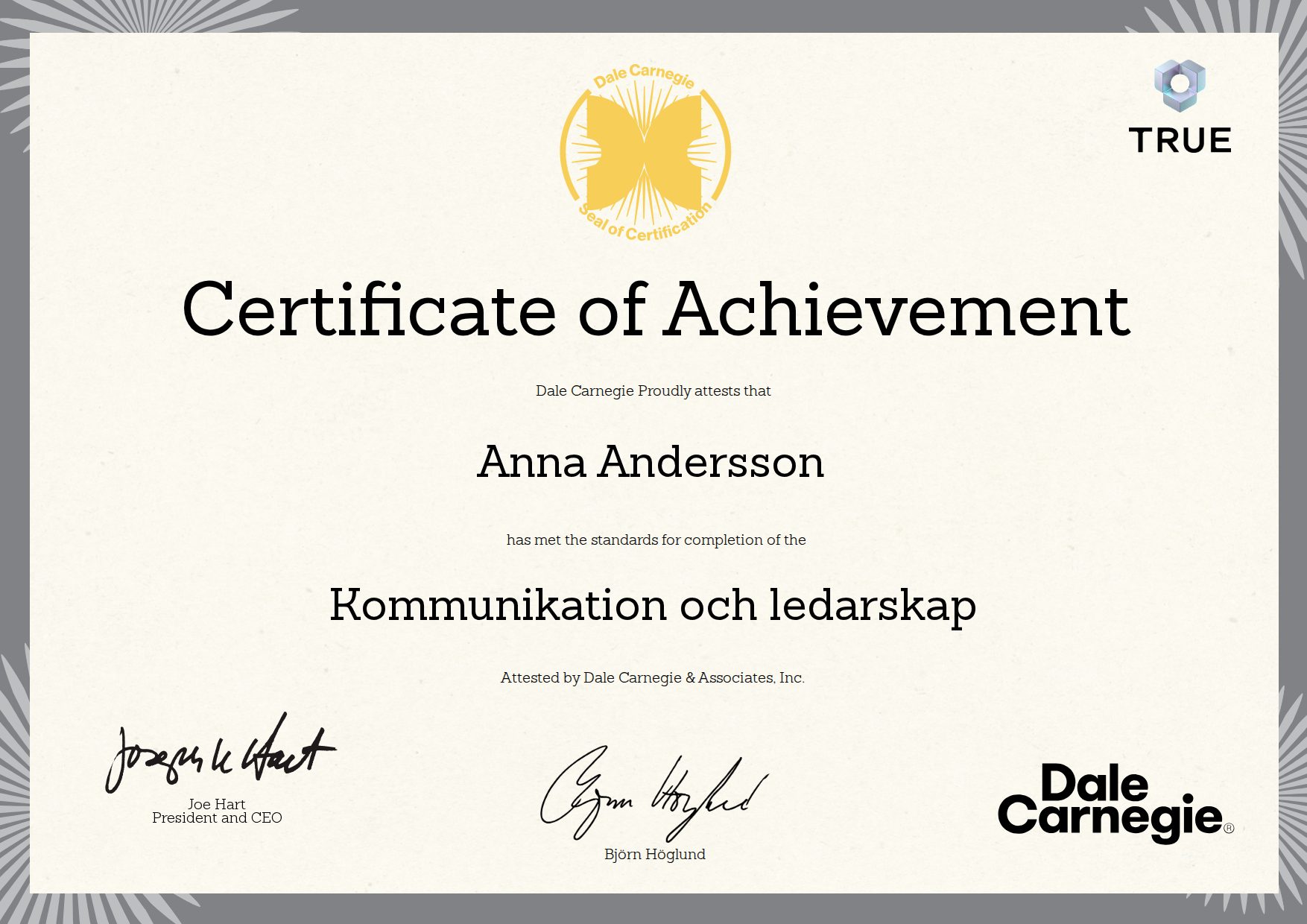 Exempel: diplom för Kommunikation och ledarskap från Dale Carnegie