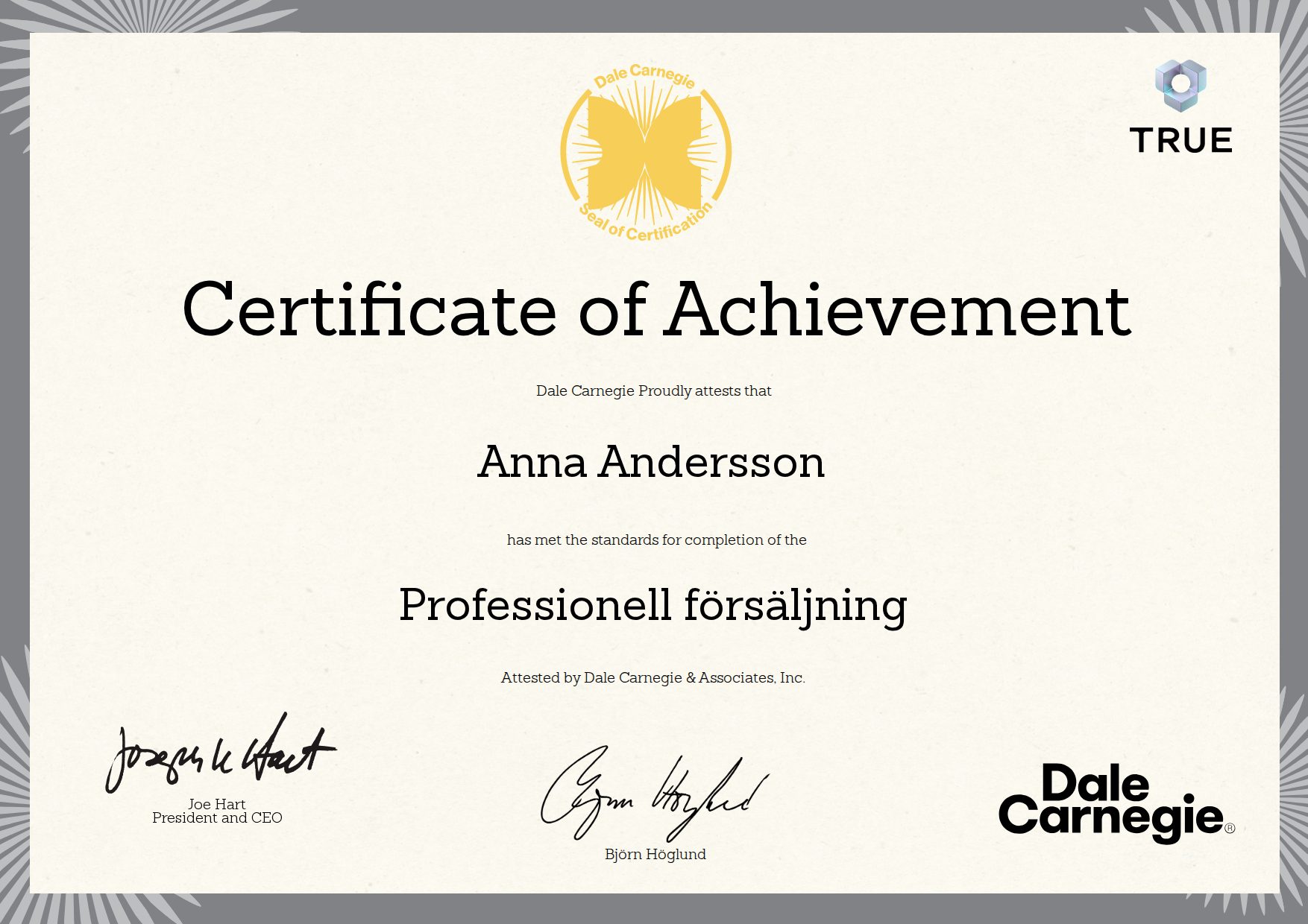 Exempel: diplom för Professionell försäljning från Dale Carnegie