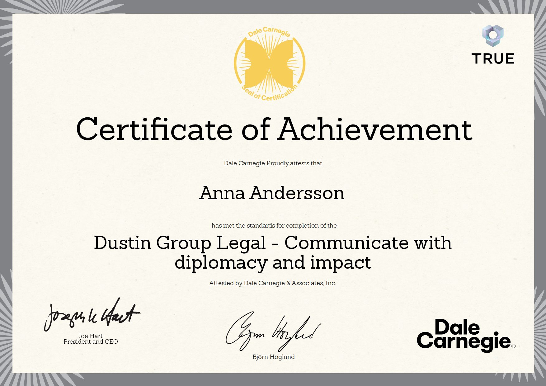 Example certificate for Dustin Group Legal - Communicate with diplomacy and impact from Dale Carnegie