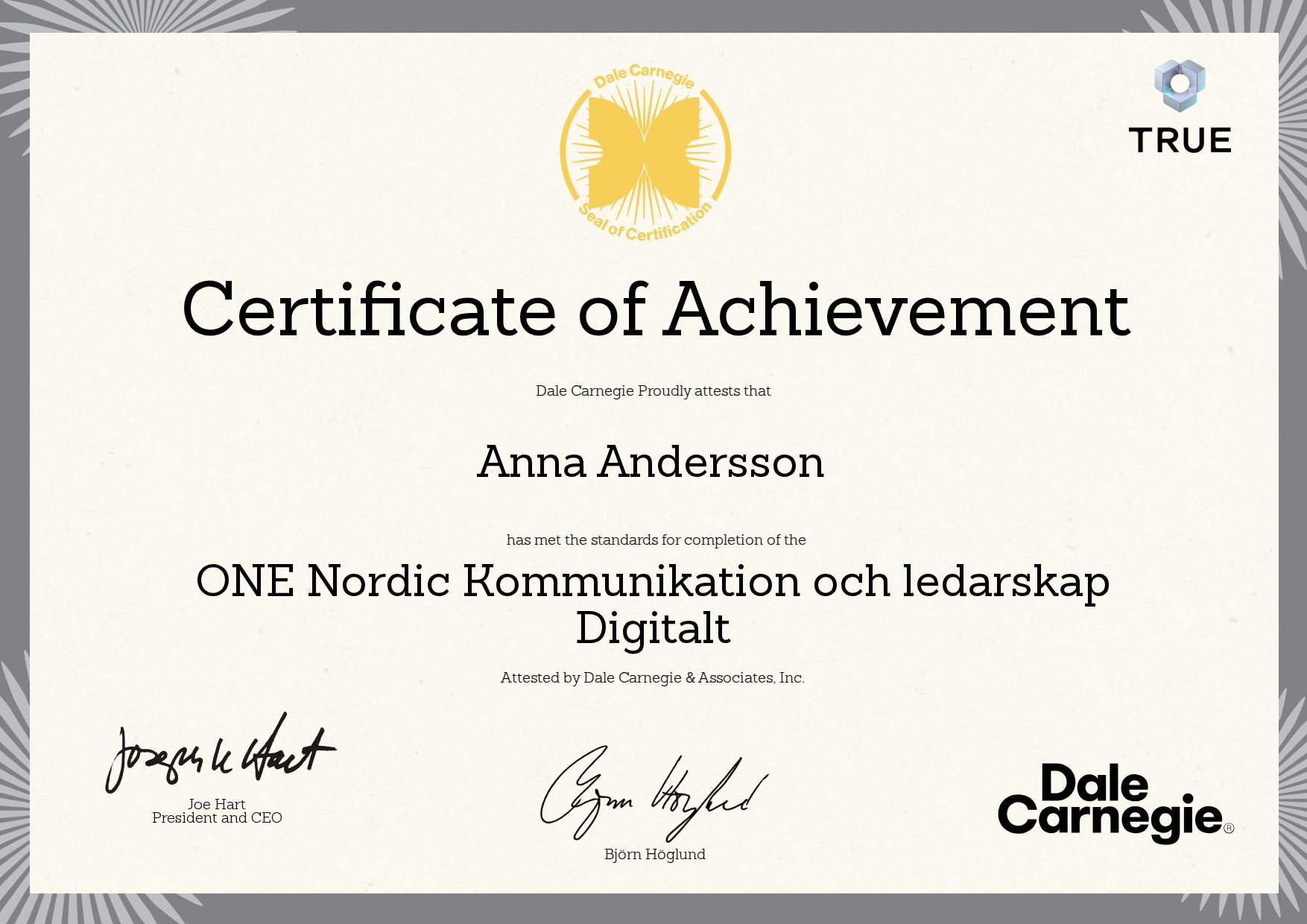 Exempel: diplom för ONE Nordic Kommunikation och ledarskap Digitalt från Dale Carnegie