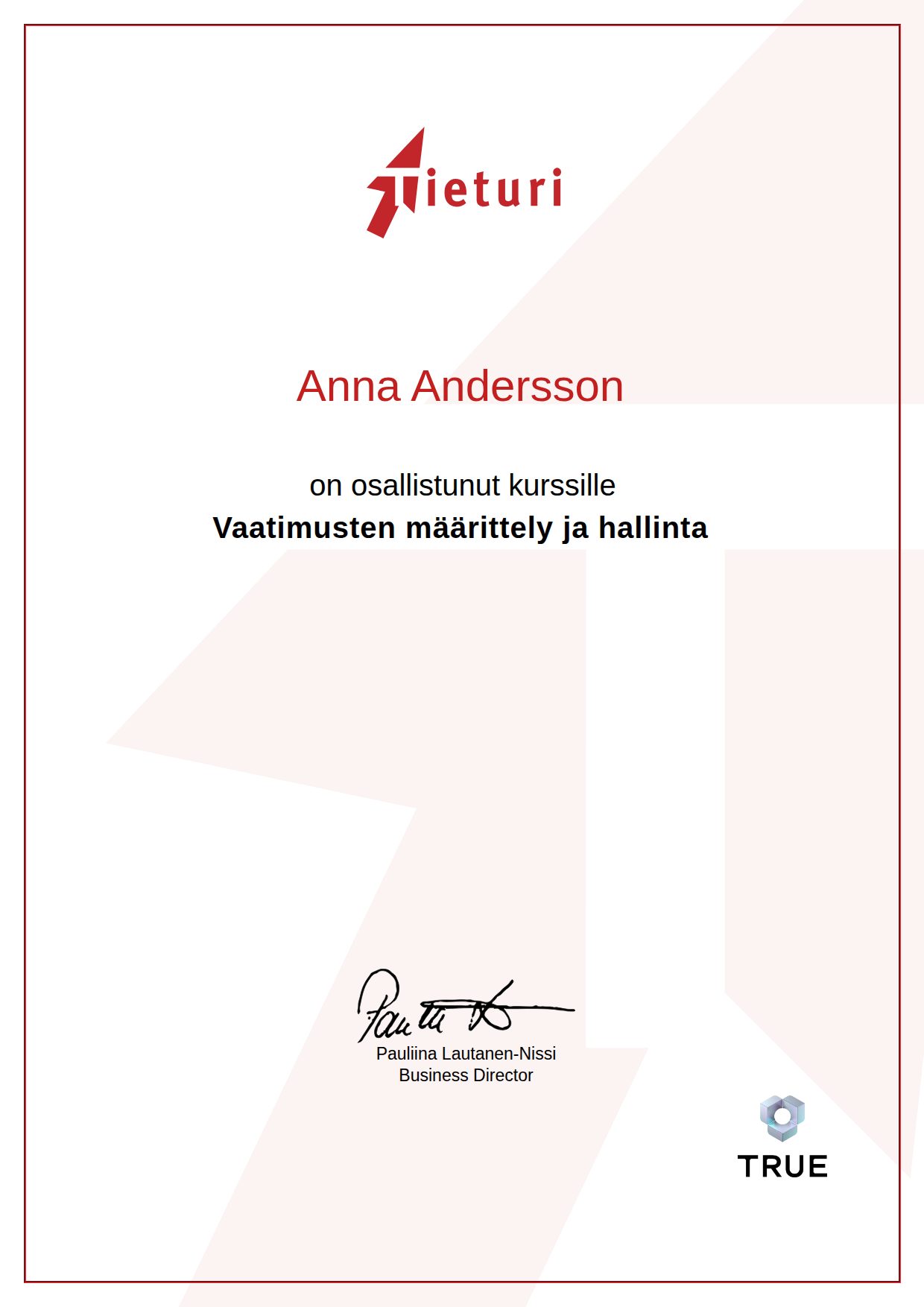 Esimerkkitodistus koulutuksesta Vaatimusten määrittely ja hallinta, kouluttaja Tieturi OY