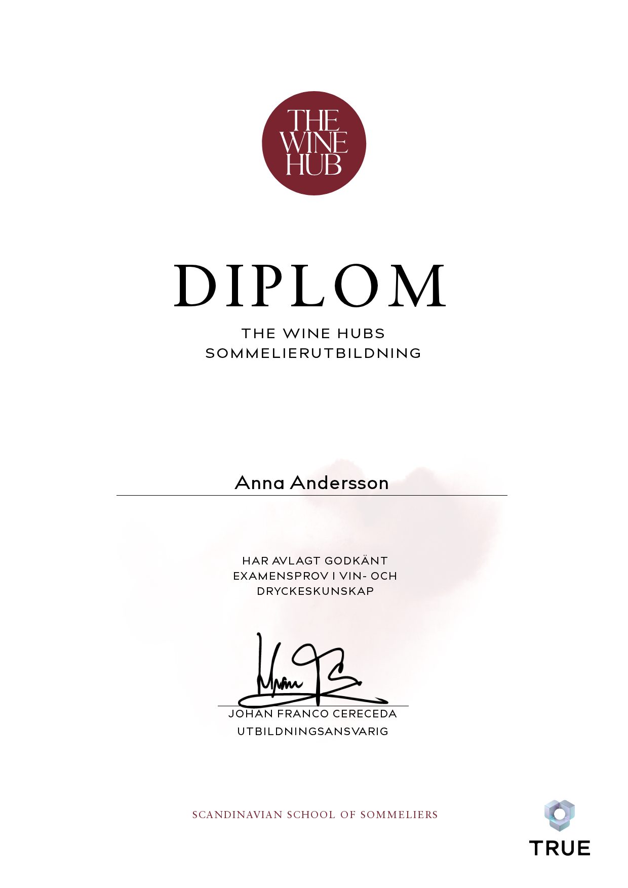 Example certificate for Sommelier Training from The Wine Hub Sommeliers