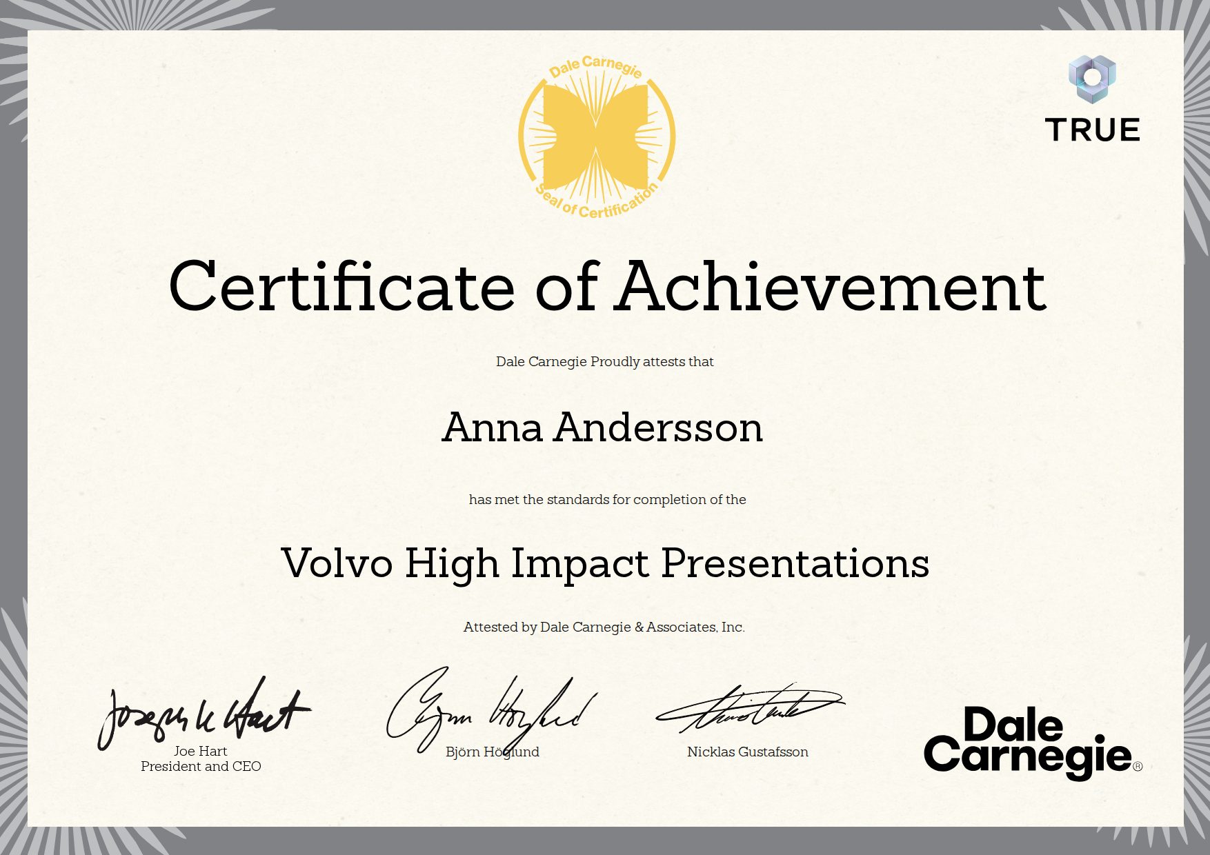 Exempel: diplom för Volvo High Impact Presentations från Dale Carnegie