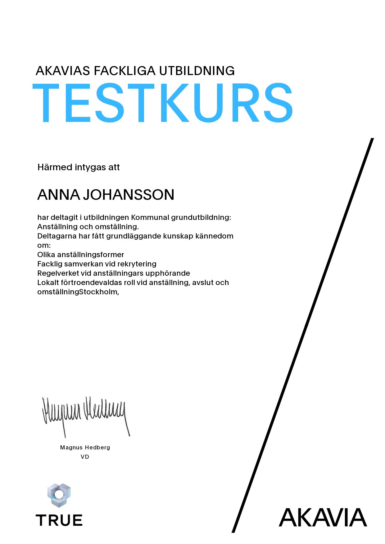 Example certificate for Municipal basic training: Employment and transition from AKAVIA
