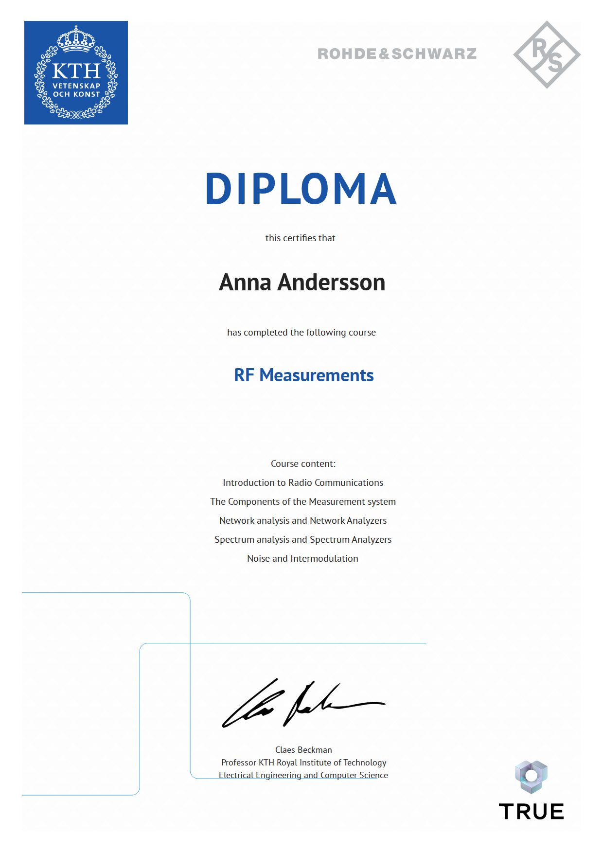 Example: course certificate from KTH - Kungliga Tekniska Högskolan, with a placeholder name