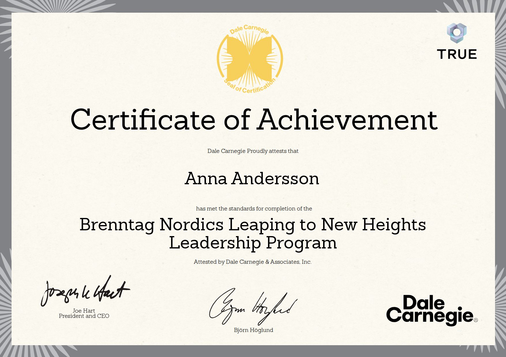 Exempel: diplom för Brenntag Nordics Leaping to New Heights Leadership Program från Dale Carnegie