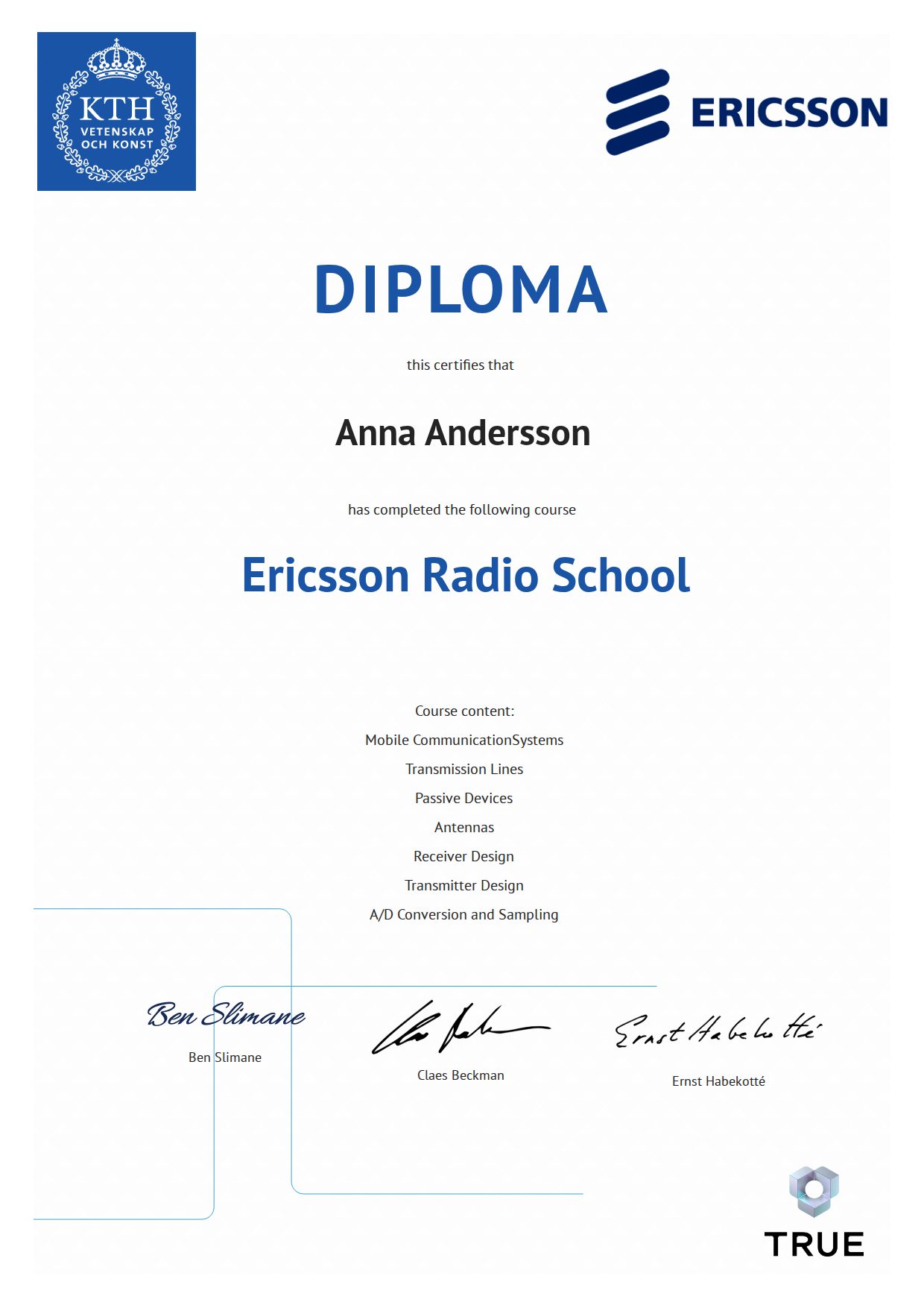 Example certificate for Ericsson Radio School from KTH - Kungliga Tekniska Högskolan