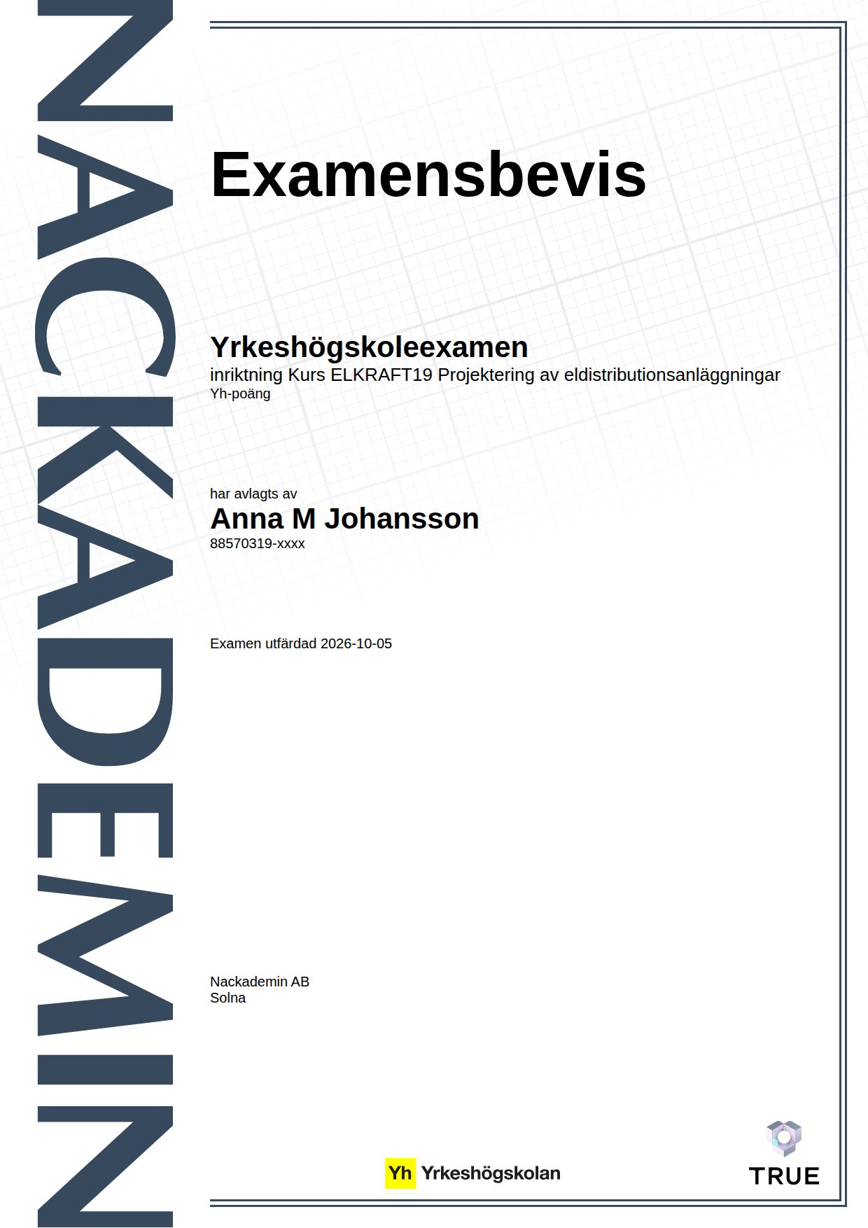 Example certificate for Course ELKRAFT19 Design of Electricity Distribution Installations from Nackademin