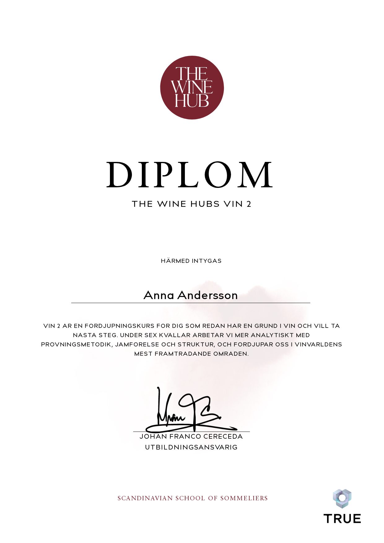 Exempel: diplom för Vin 2 från The Wine Hub Sommeliers