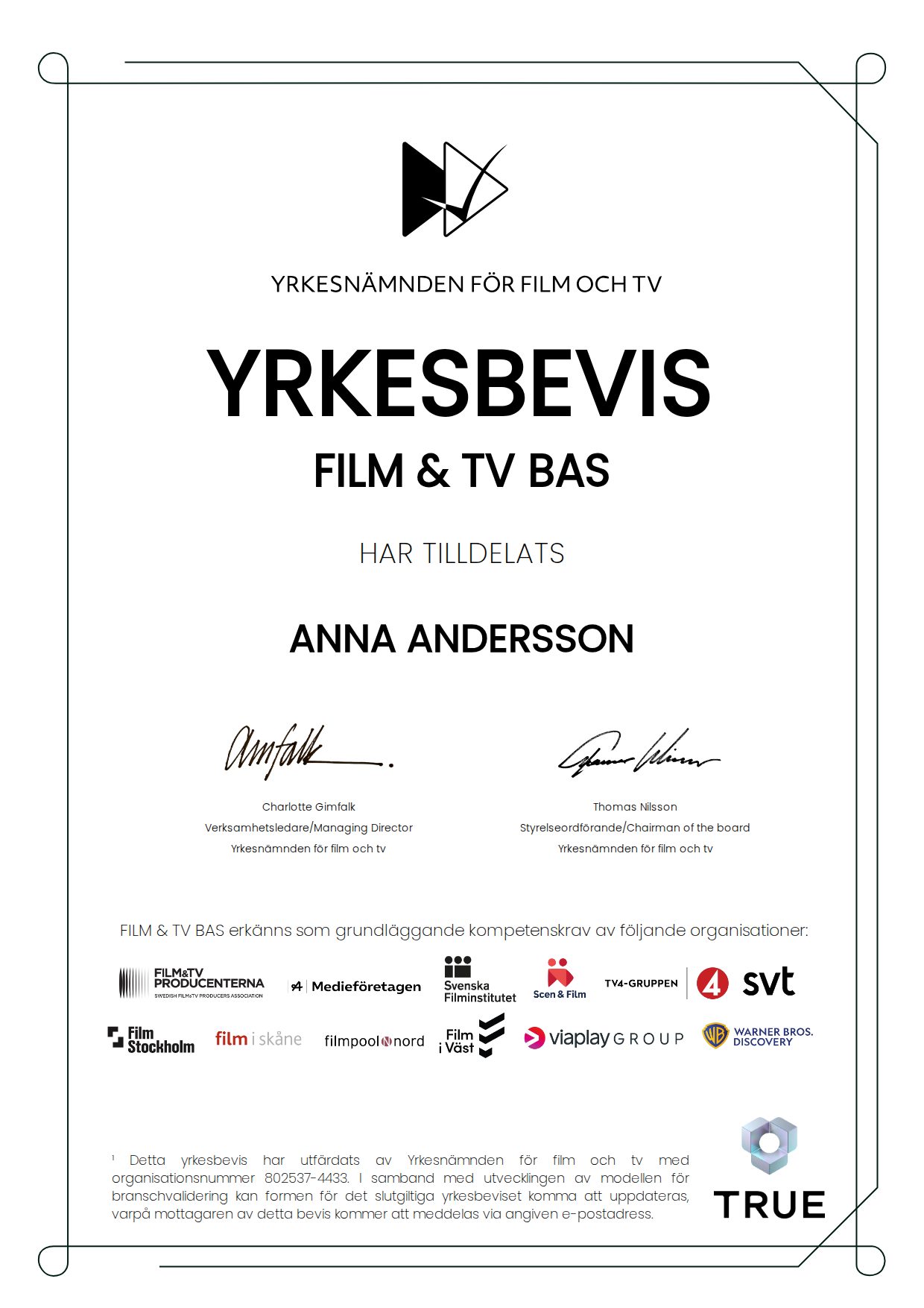 Exempel: kursintyg från Yrkesnämnden för film och tv, med platshållarnamn