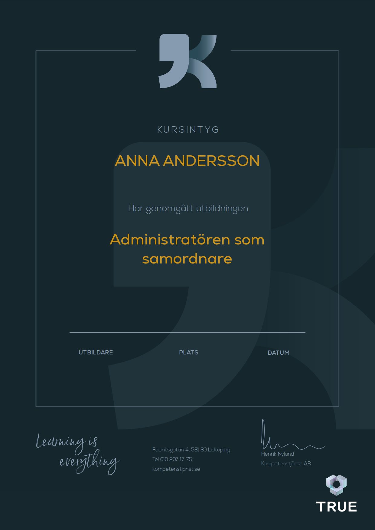 Exempel: diplom för Administratören som samordnare från Kompetenstjänst