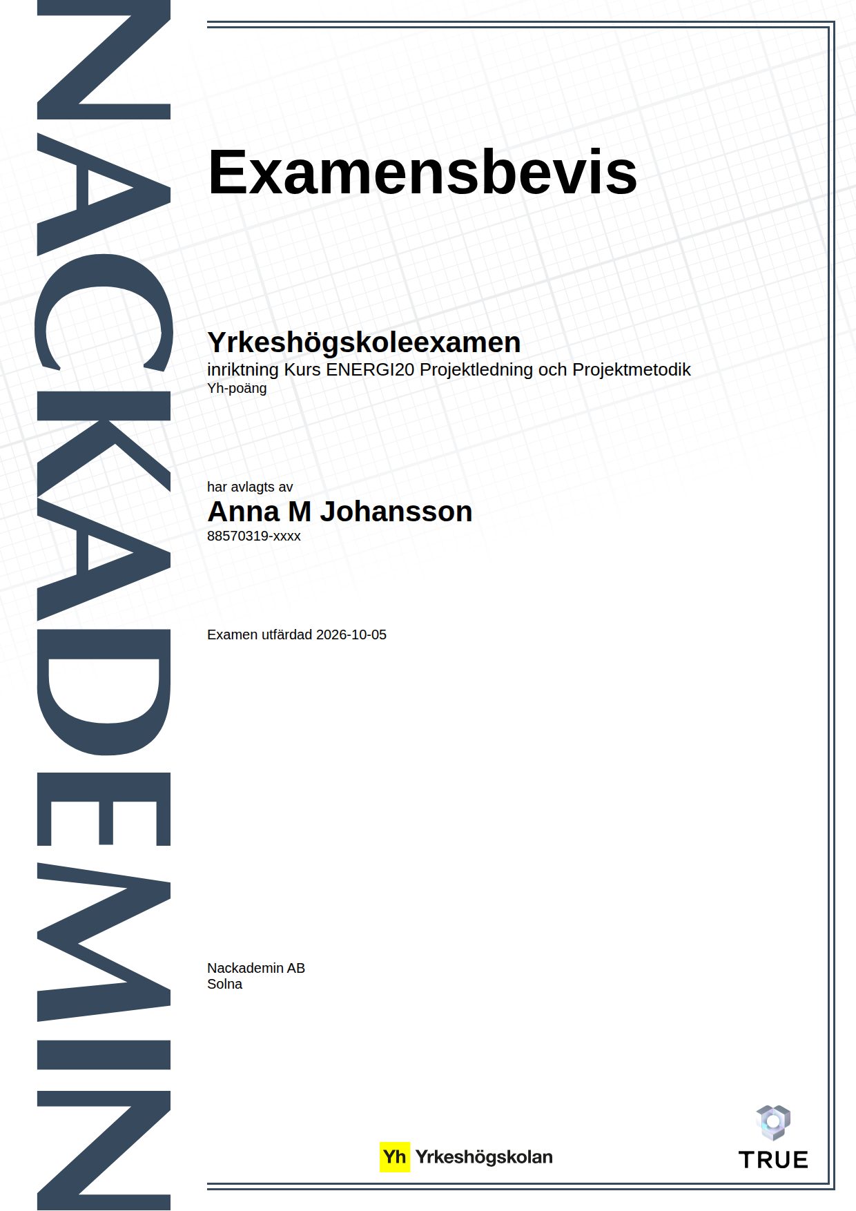 Exempel: diplom för Kurs ENERGI20 Projektledning och Projektmetodik från Nackademin