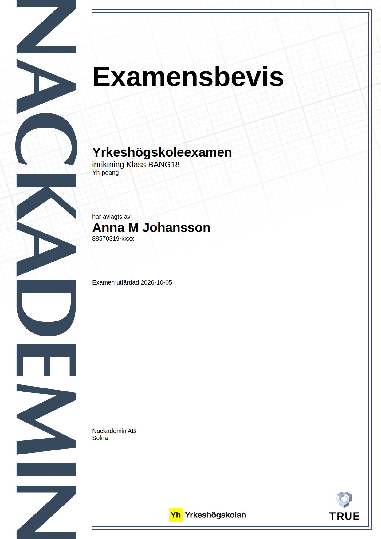 Example certificate for Class BANG18 from Nackademin
