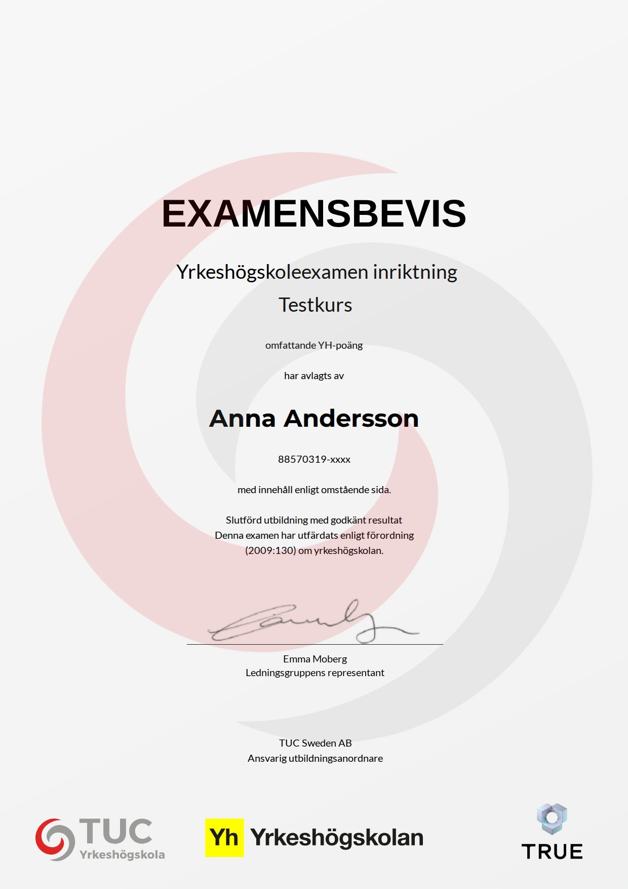 Exempel: diplom för Hållbarhet och klimatsmarta livsmedel, 10 yh-poäng från TUC Yrkeshögskola