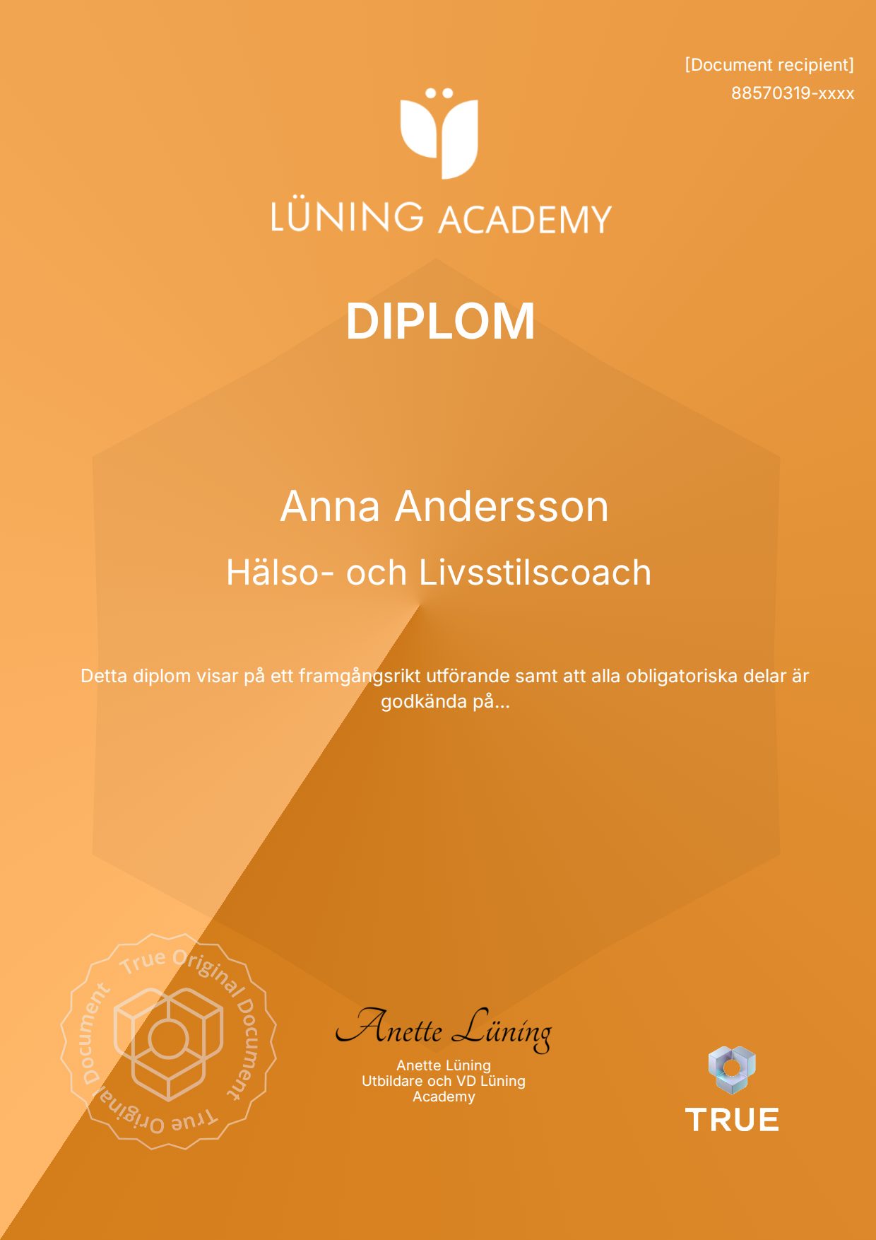 Example: course certificate from Lüning Academy, with a placeholder name