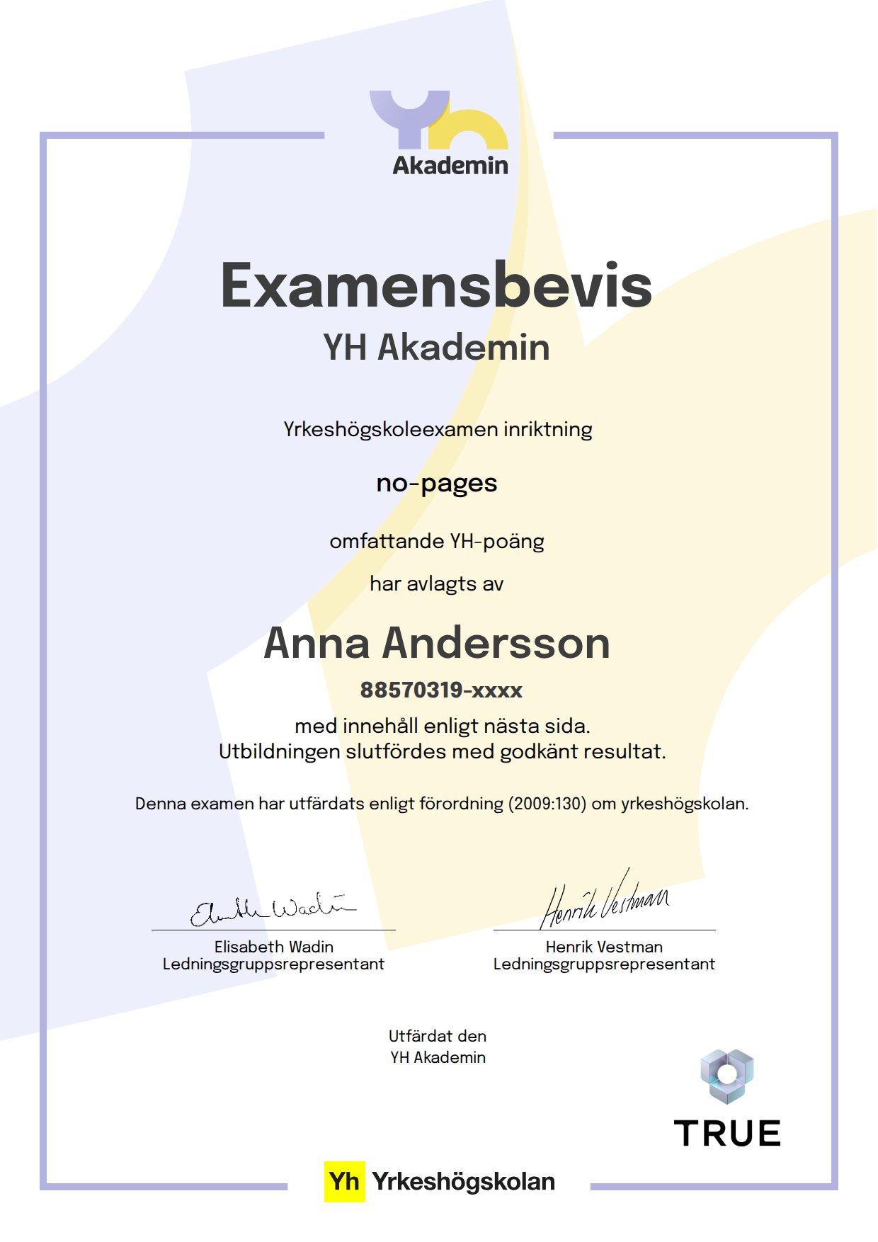 Example certificate for no-pages from YH Akademin - (YA)