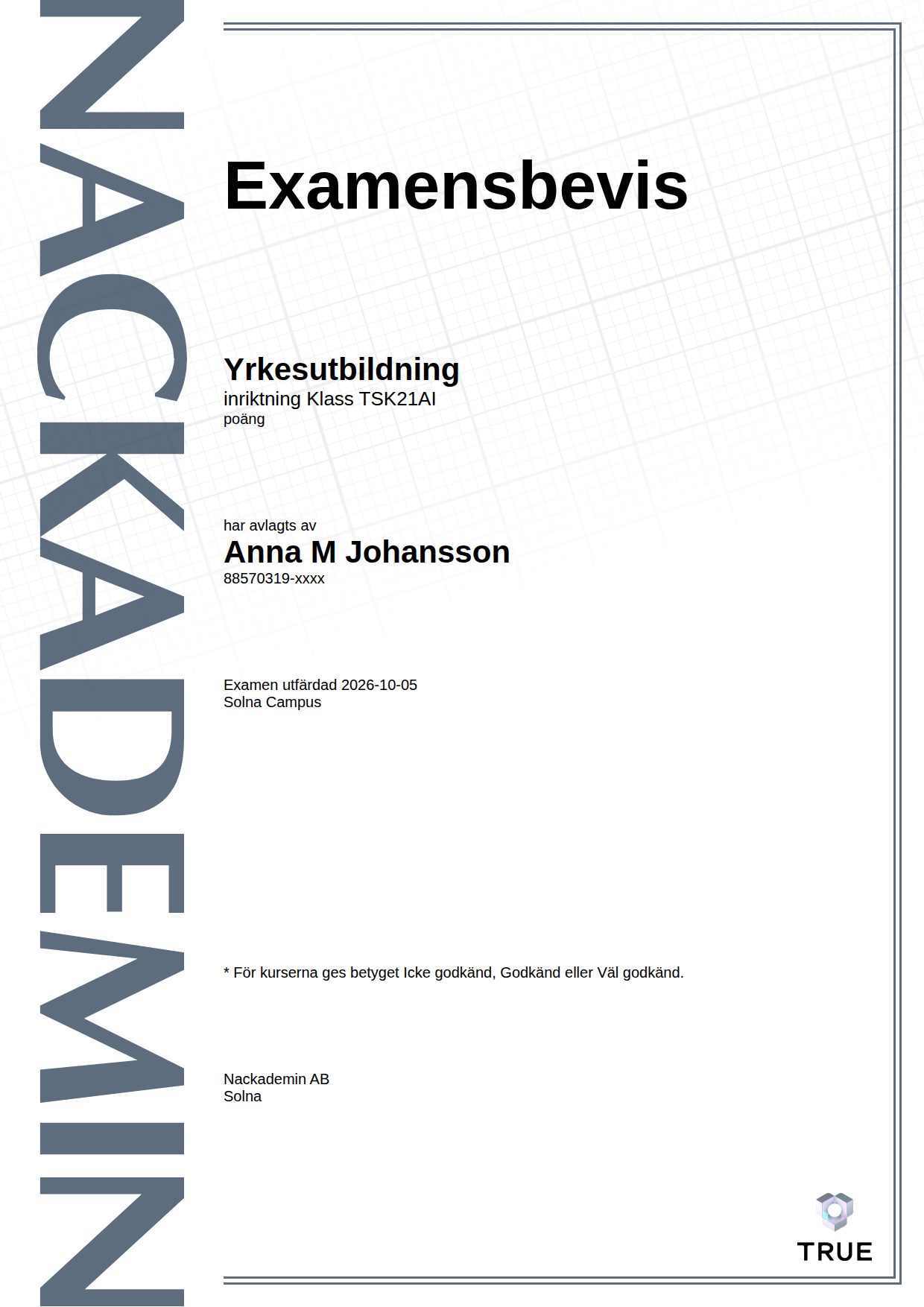 Exempel: diplom för Klass TSK21AI från Nackademin