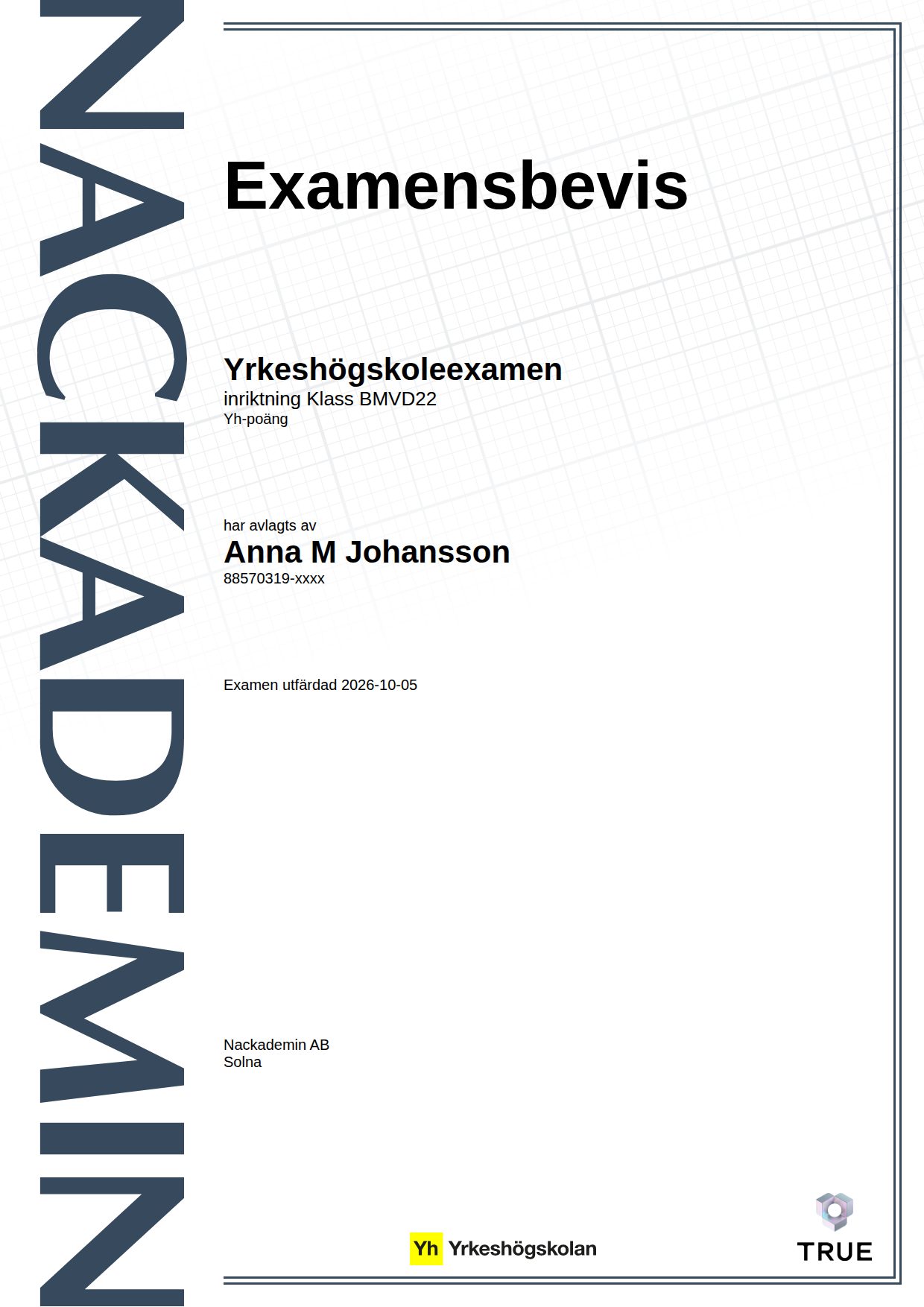 Example certificate for Class BMVD22 from Nackademin