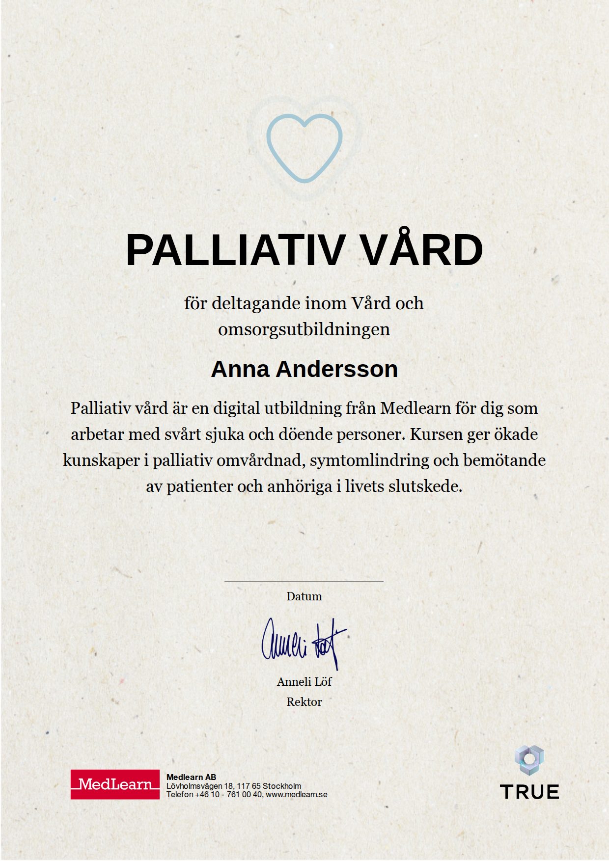 Example certificate for Palliative care from IRIS - MedLearn