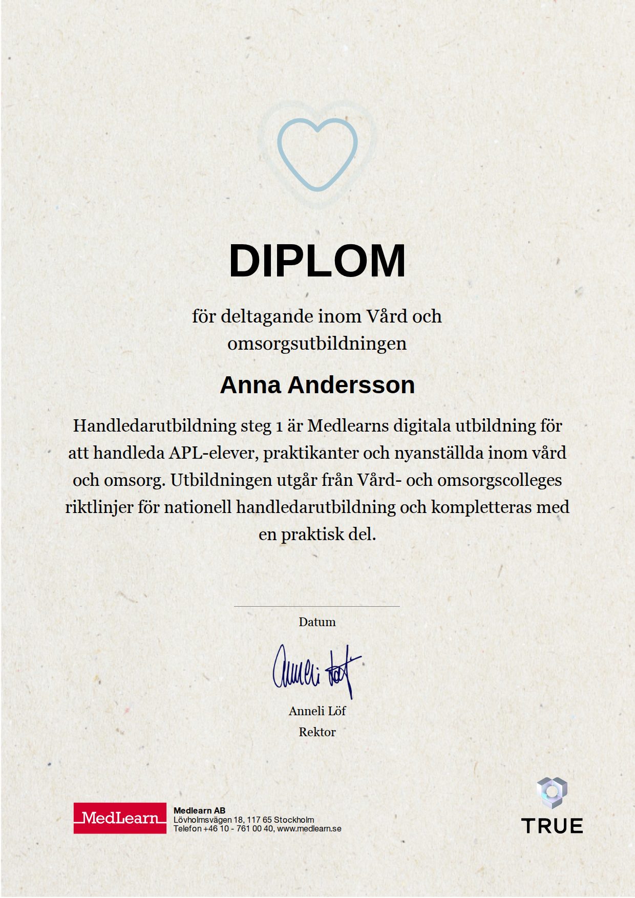 Exempel: diplom för Handledarutbildning steg 1 från IRIS - MedLearn