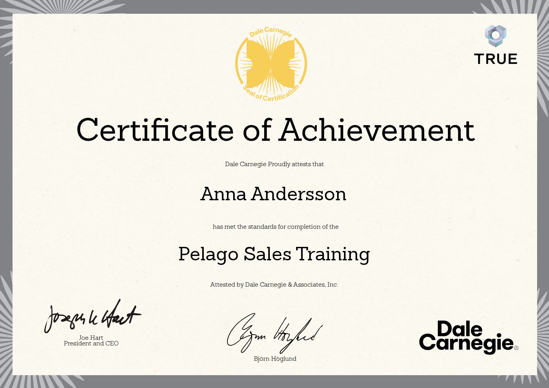 Exempel: diplom för Pelago Sales Training från Dale Carnegie