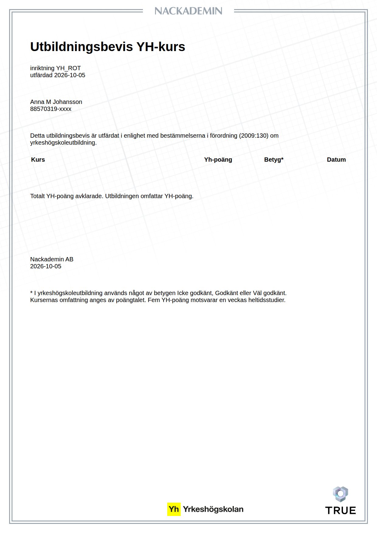 Example certificate for YH_ROT from Nackademin