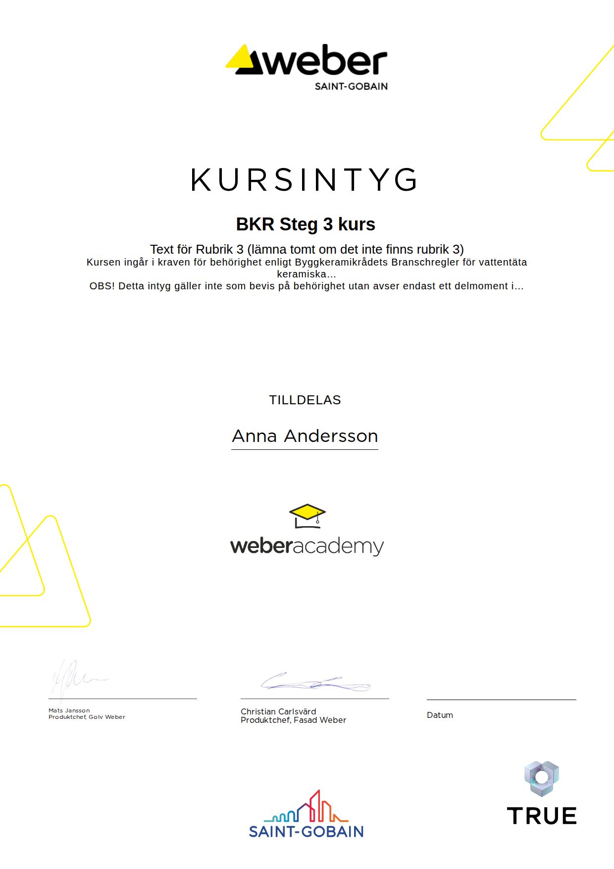 Example certificate for BKR Level 3 Course from Weber Saint-Gobain Sweden
