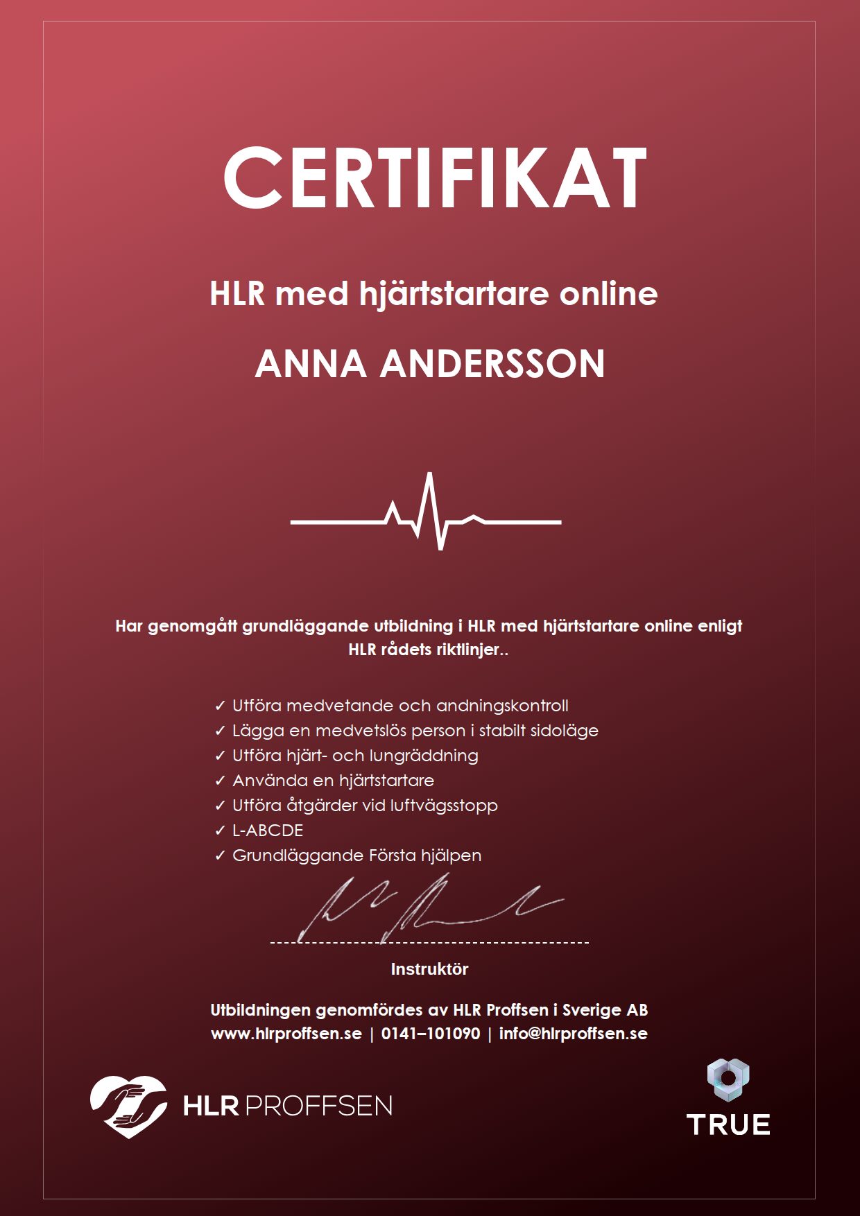 Example certificate for HLR with Defibrillator Online from HLR Proffsen i Sverige