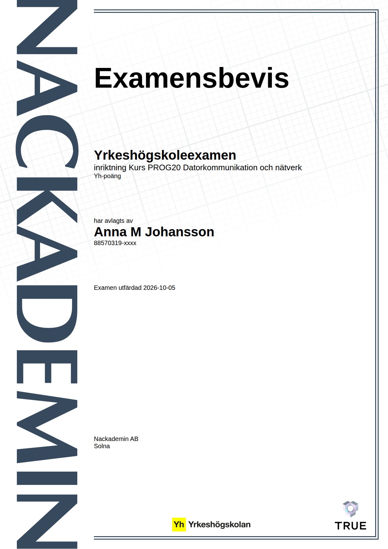 Exempel: diplom för Kurs PROG20 Datorkommunikation och nätverk från Nackademin