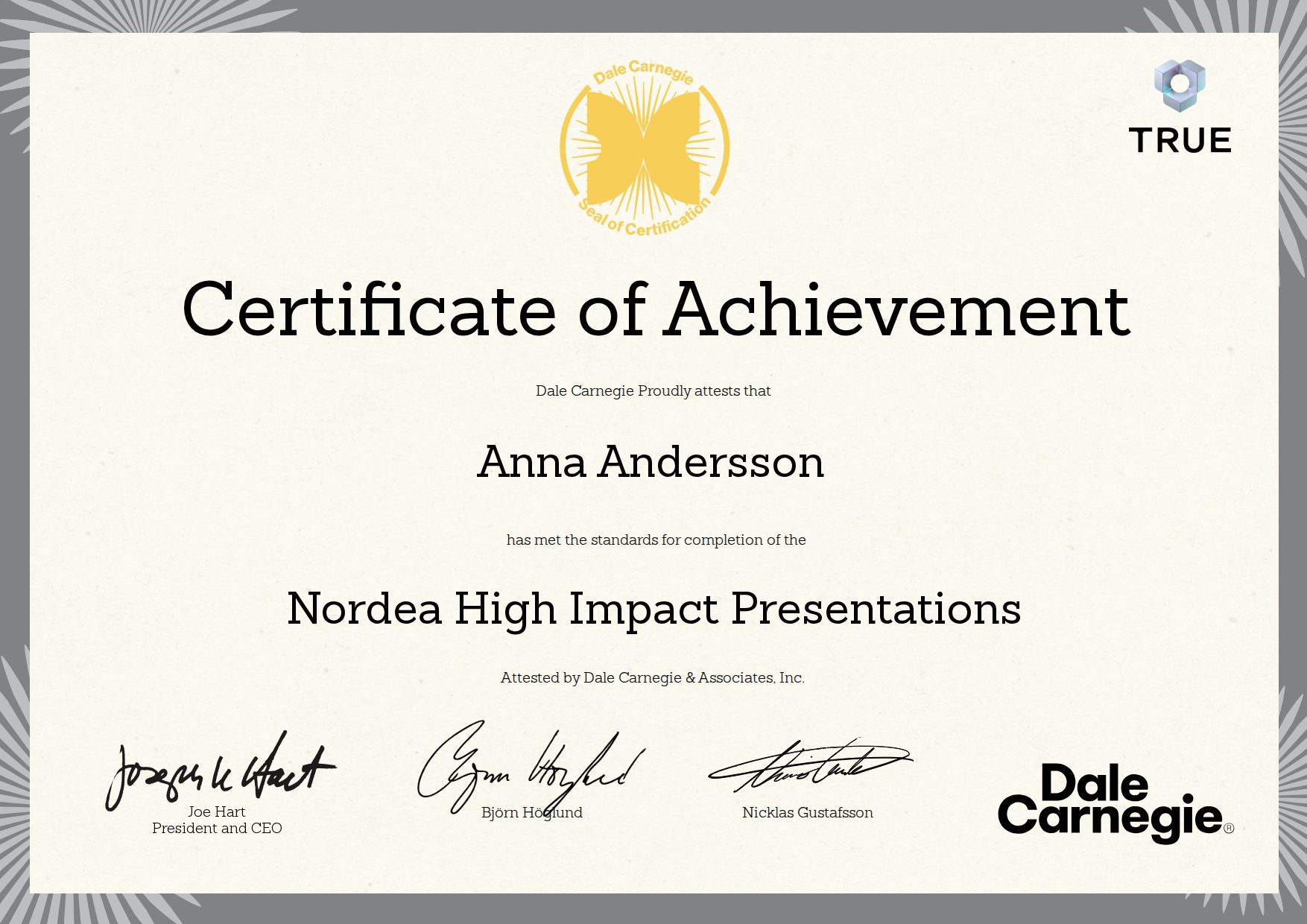 Exempel: diplom för Nordea High Impact Presentations från Dale Carnegie
