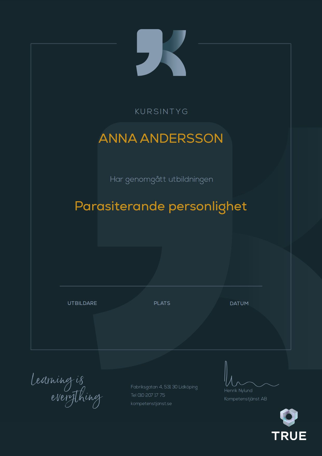 Exempel: diplom för Parasiterande personlighet från Kompetenstjänst