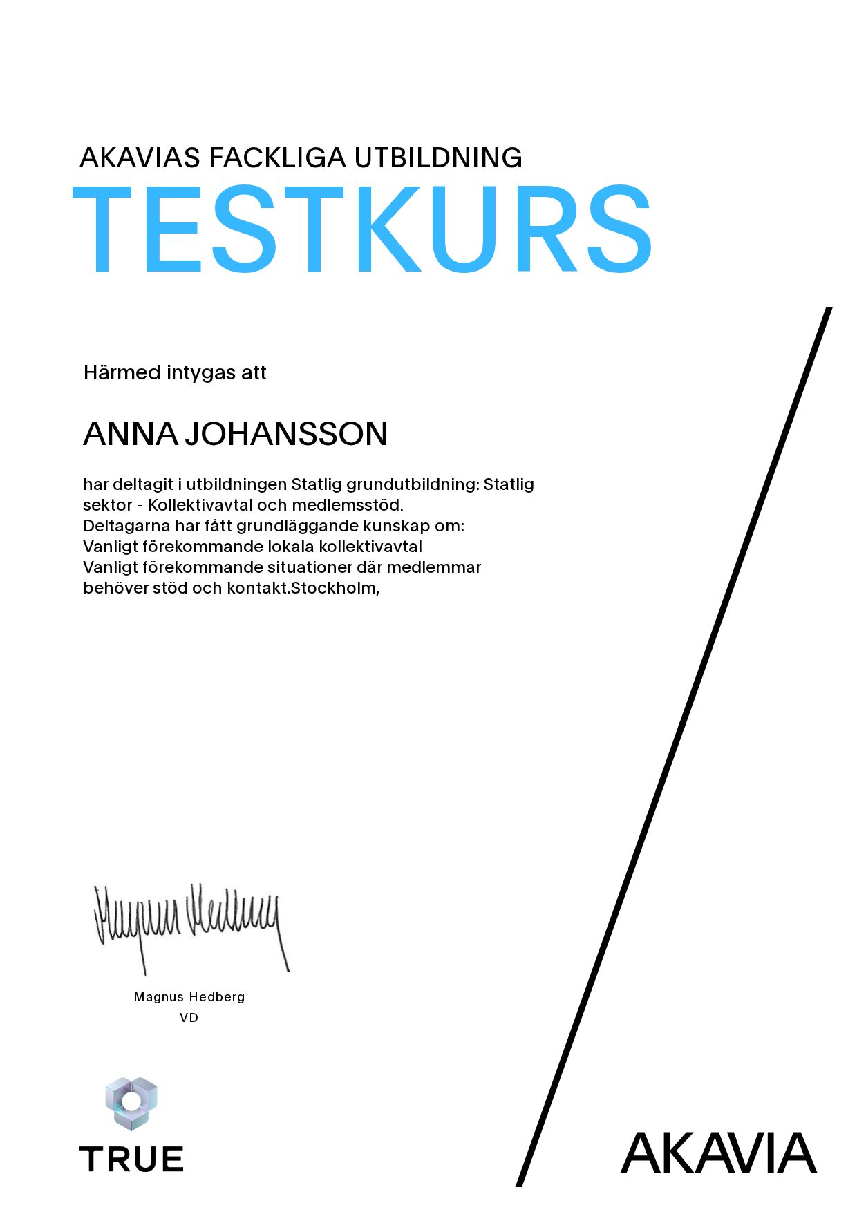 Exempel: diplom för Statlig grundutbildning: Statlig sektor - Kollektivavtal och medlemsstöd från AKAVIA