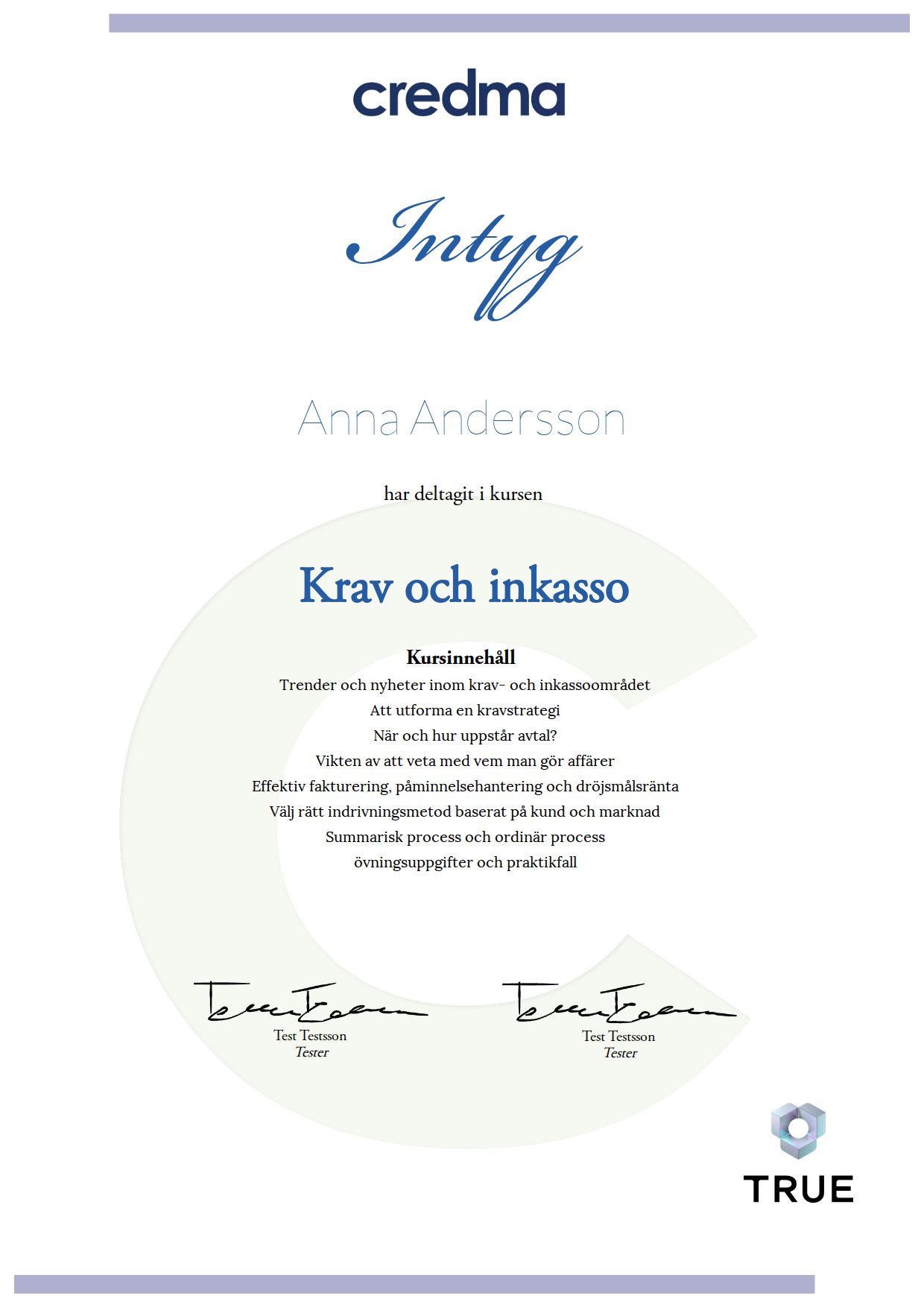 Example certificate for Debt Collection and Recovery from Credma