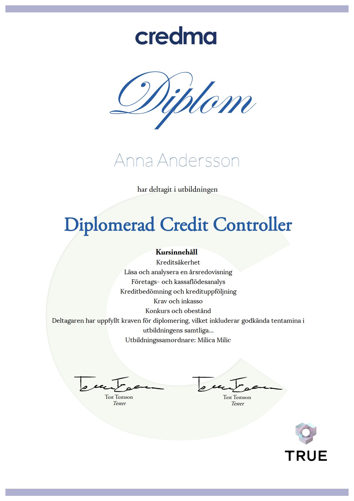 Exempel: diplom för Diplomerad Credit Controller från Credma