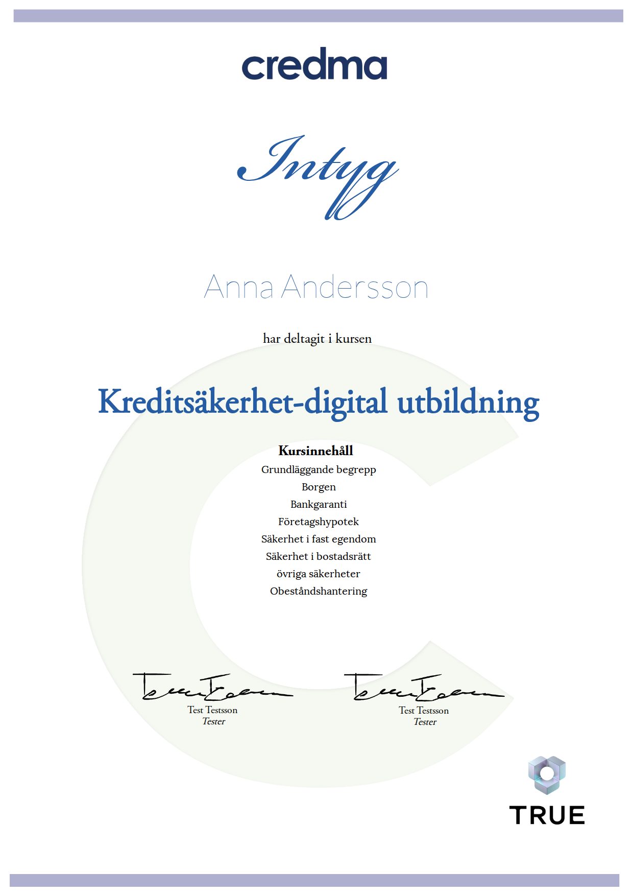 Example certificate for Credit Security - digital training from Credma
