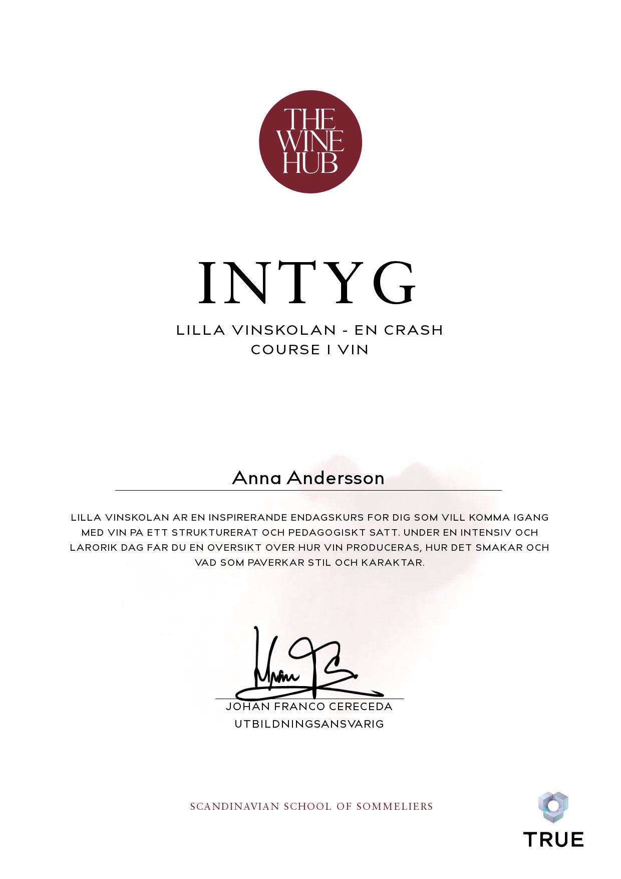 Example certificate for Lilla Vinskolan - a Crash Course in Wine from The Wine Hub Sommeliers