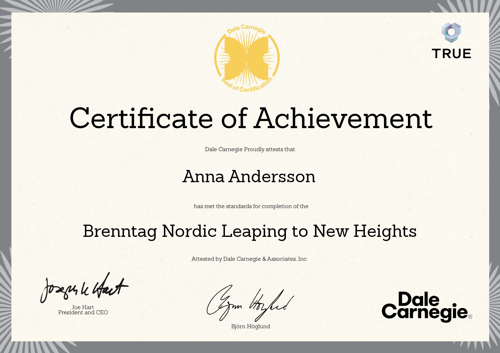 Exempel: diplom för Brenntag Nordic Leaping to New Heights från Dale Carnegie