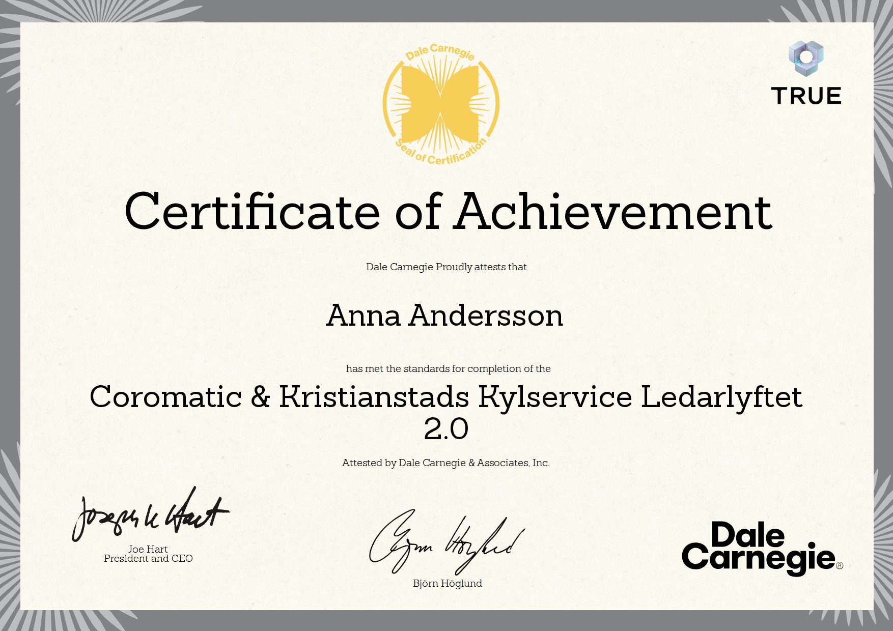 Exempel: diplom för Coromatic & Kristianstads Kylservice Ledarlyftet 2.0 från Dale Carnegie