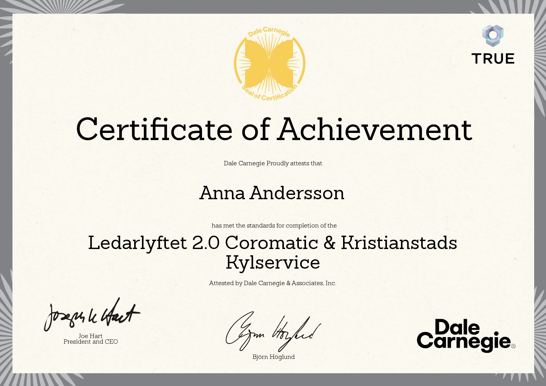 Exempel: diplom för Ledarlyftet 2.0 Coromatic & Kristianstads Kylservice från Dale Carnegie