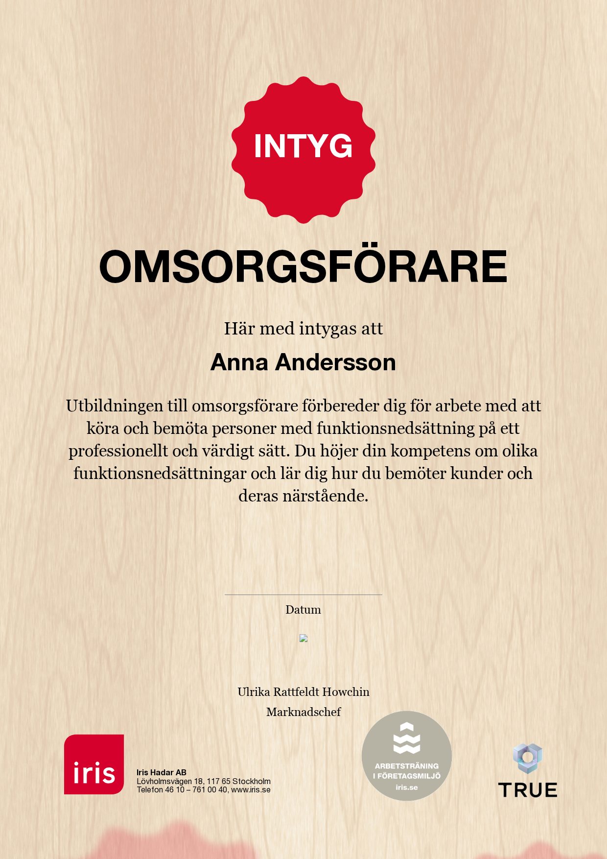 Exempel: diplom för Omsorgsförare från IRIS - Iris