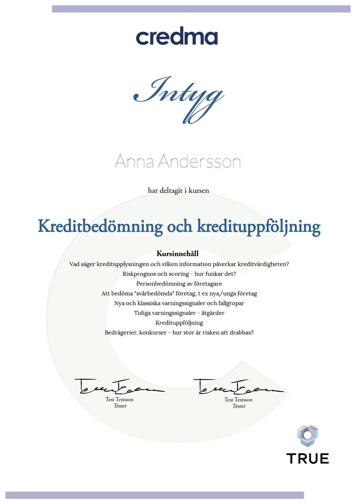 Exempel: diplom för Kreditbedömning och kredituppföljning från Credma