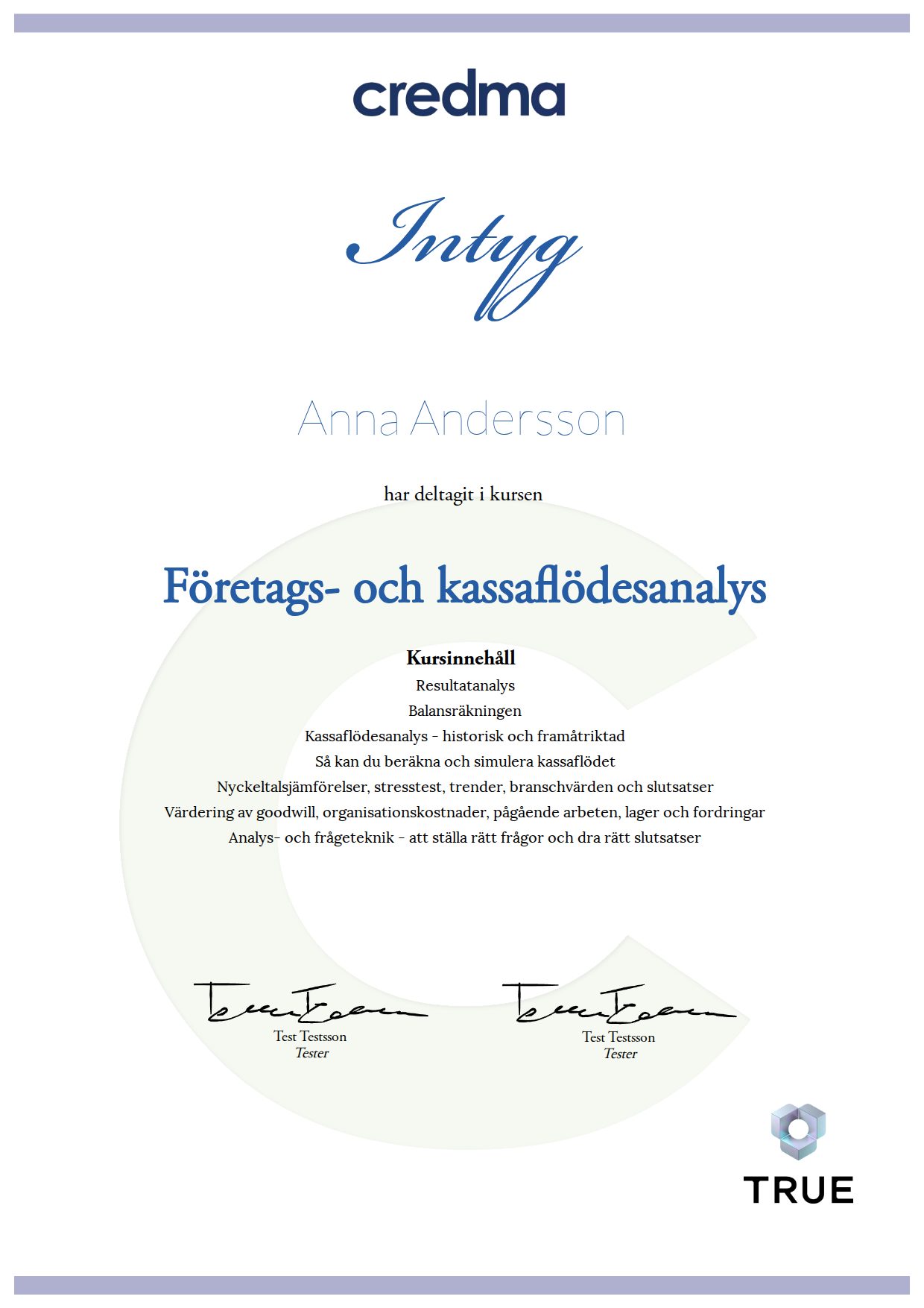 Exempel: diplom för Företags- och kassaflödesanalys från Credma