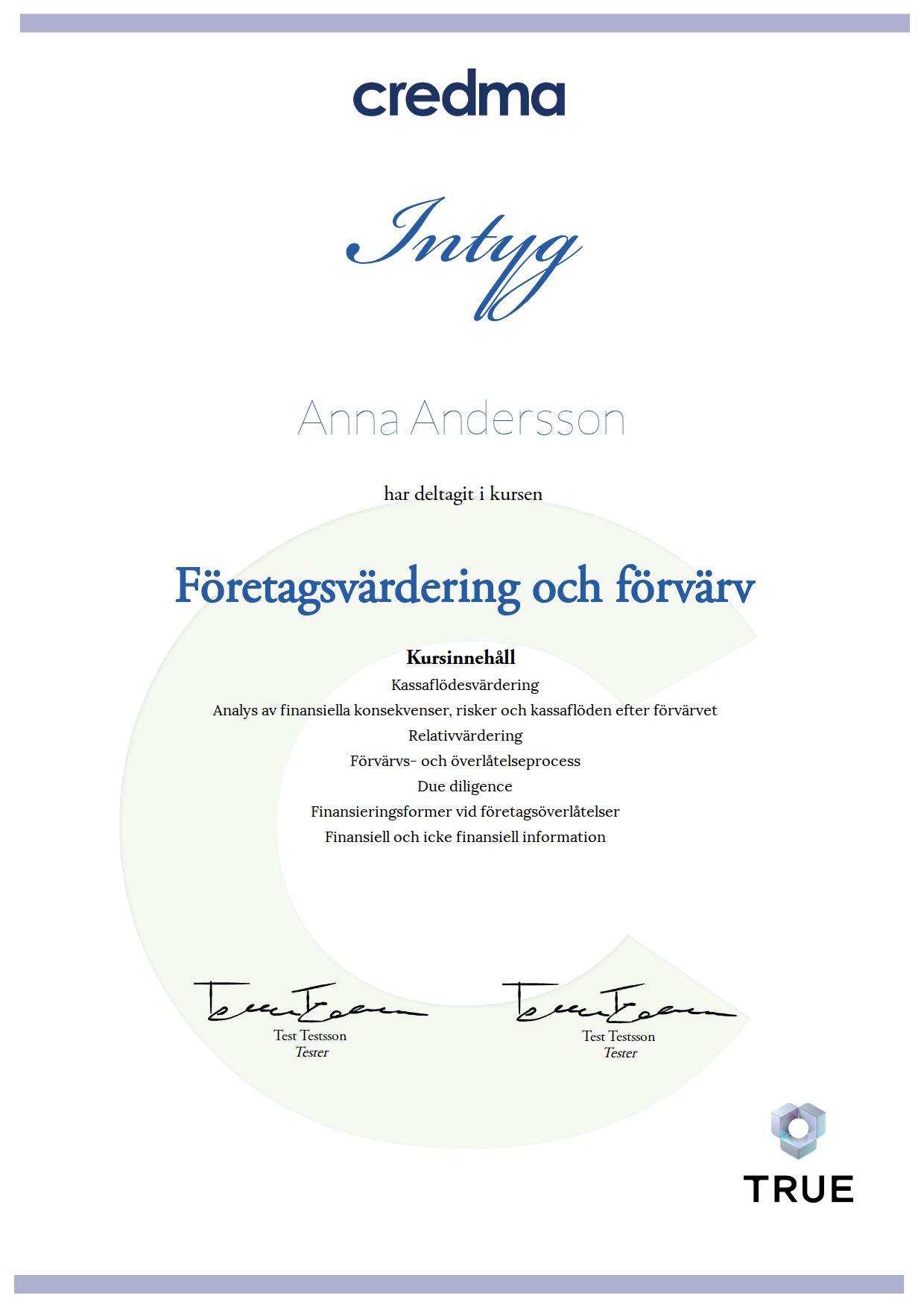 Example certificate for Business Valuation and Acquisitions from Credma