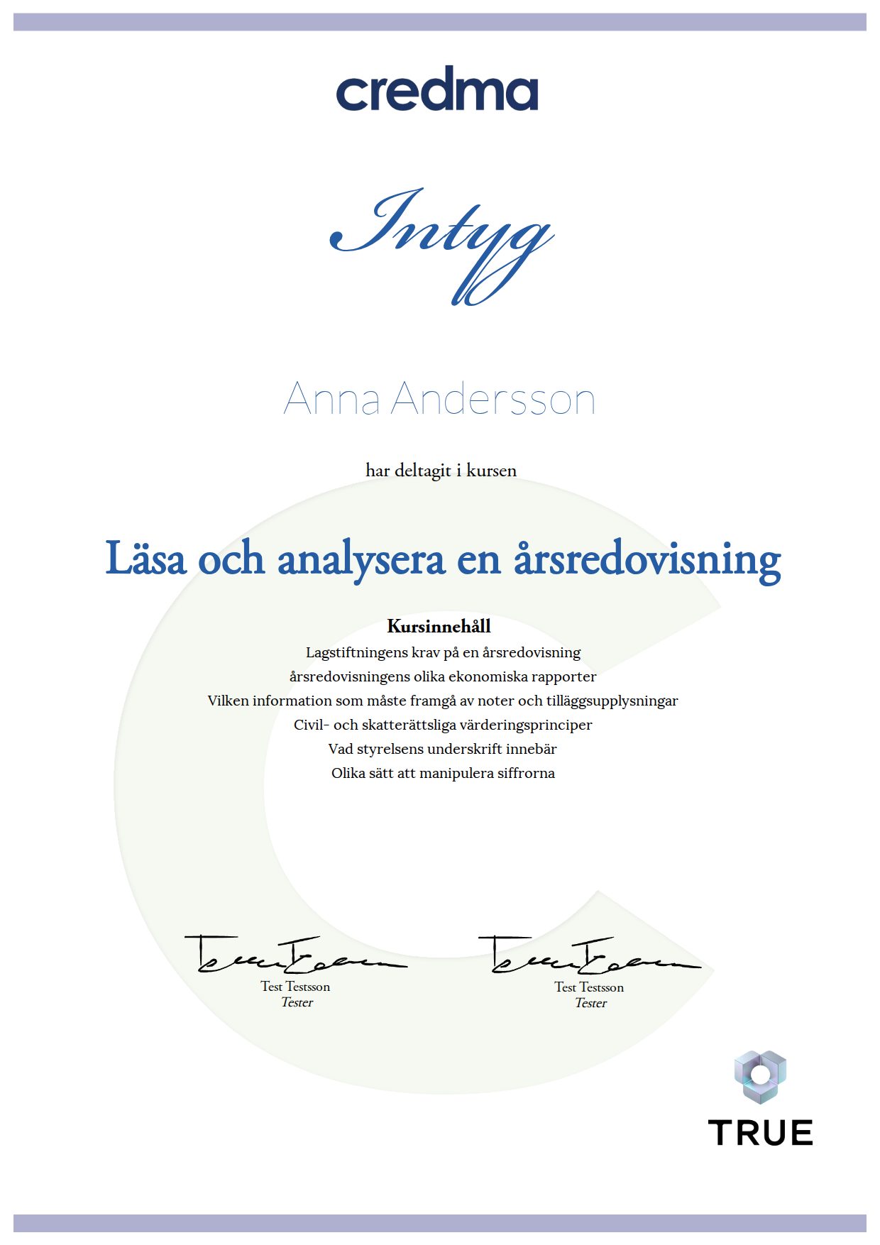 Exempel: diplom för Läsa och analysera en årsredovisning från Credma