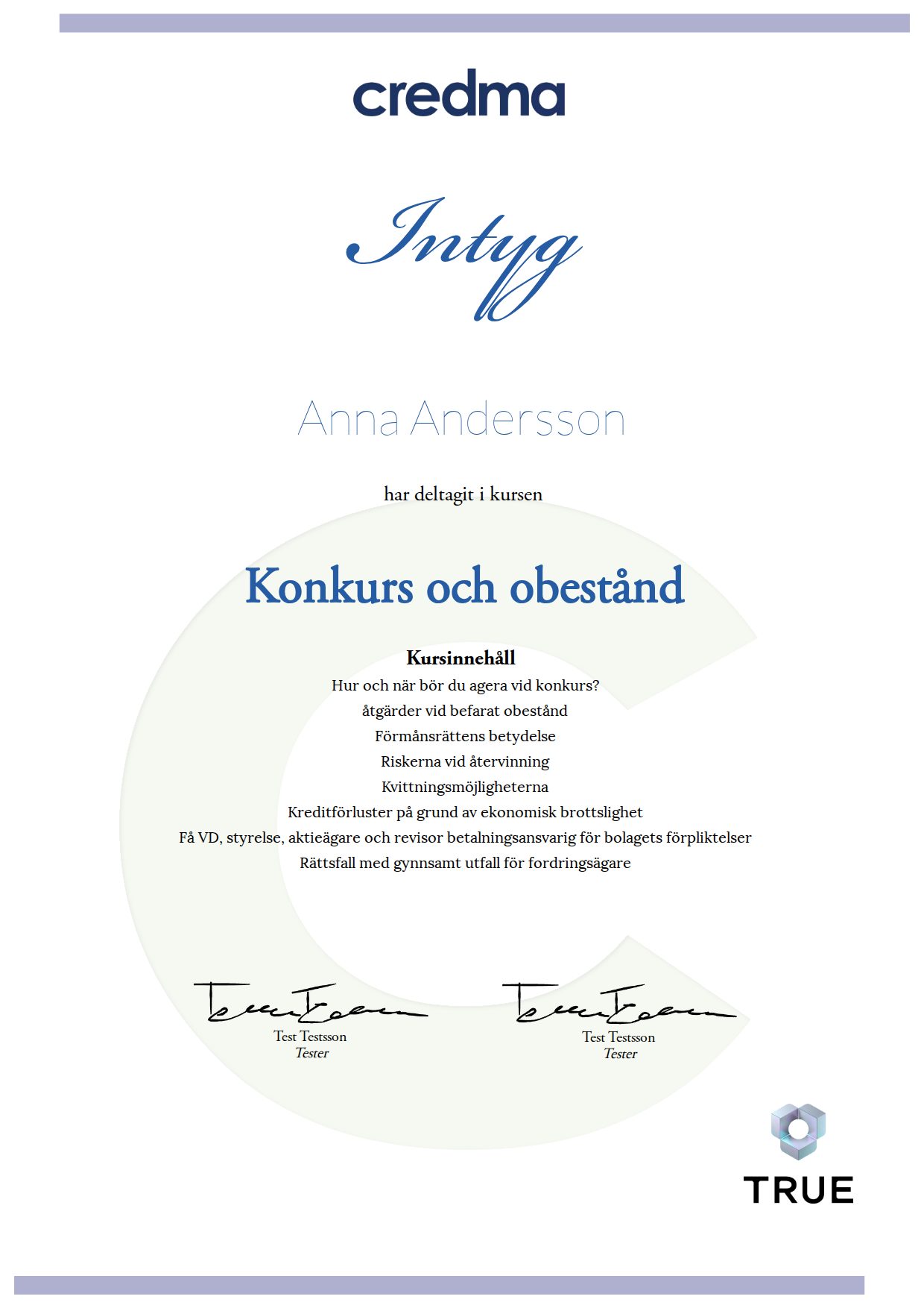 Example certificate for Bankruptcy and Insolvency from Credma
